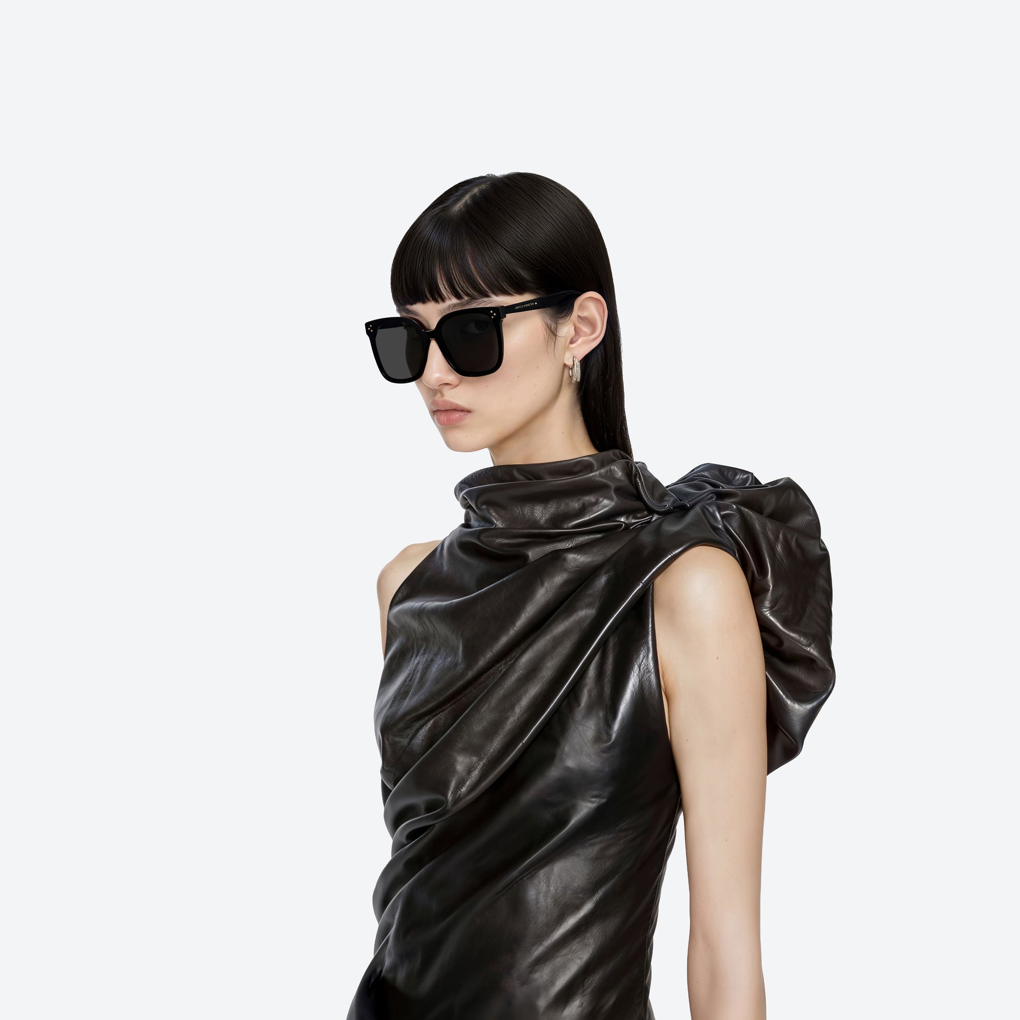 Model wearing the Her 01 Black Acetate framed Square sunglasses.