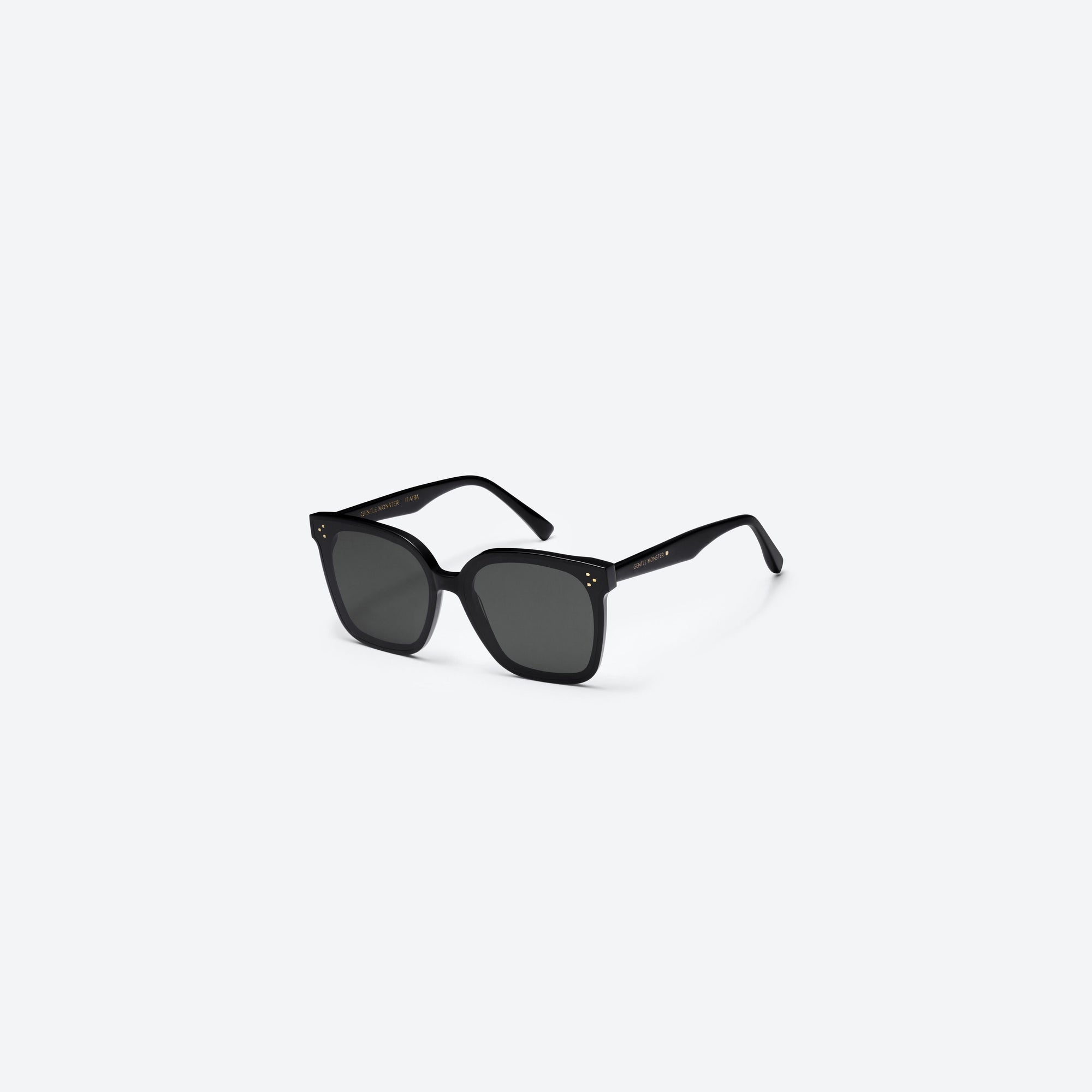 45-degree view of Gentle Monster Her 01 Small Black Acetate framed Square sunglasses.