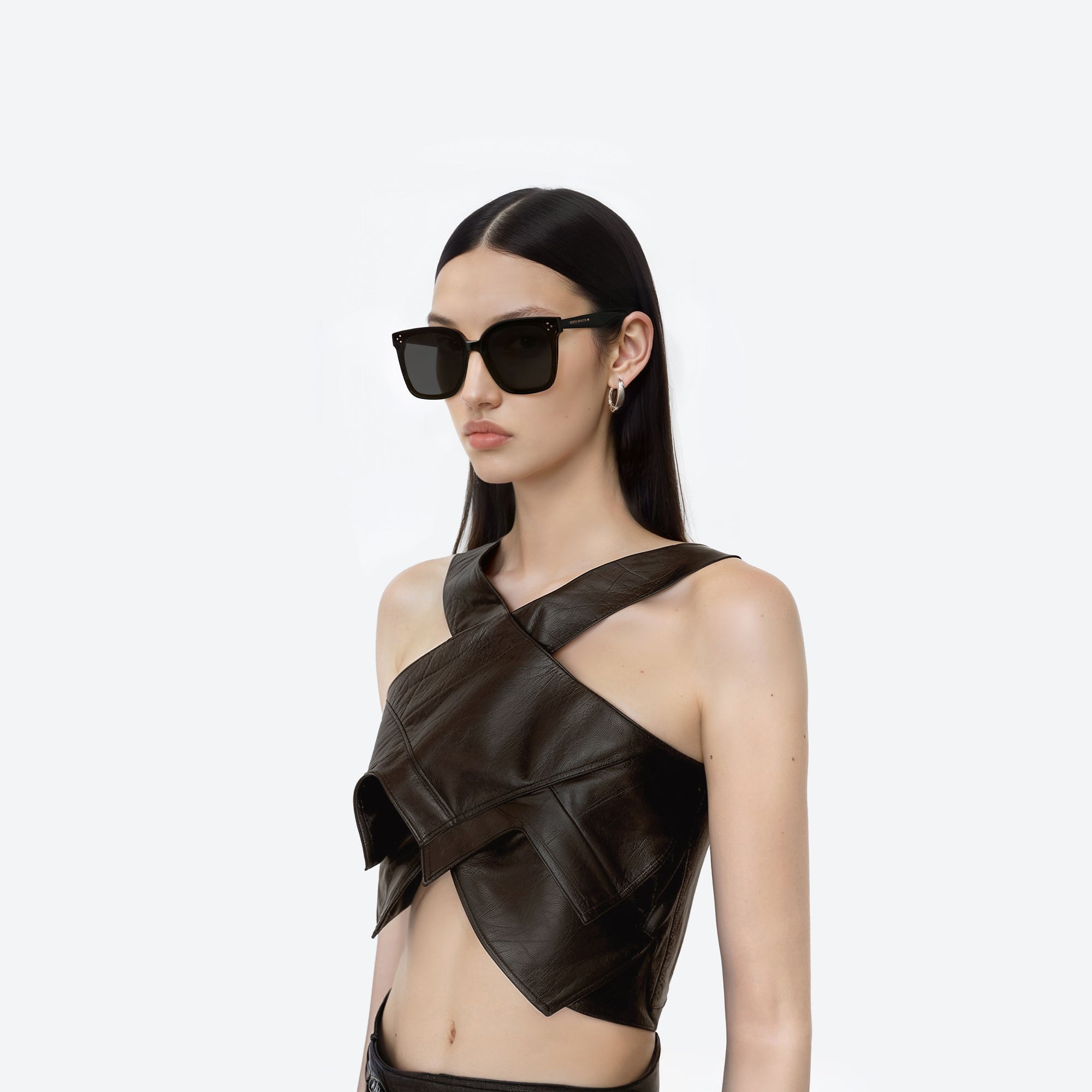 Model wearing the Her 01 Small Black Acetate framed Square sunglasses.