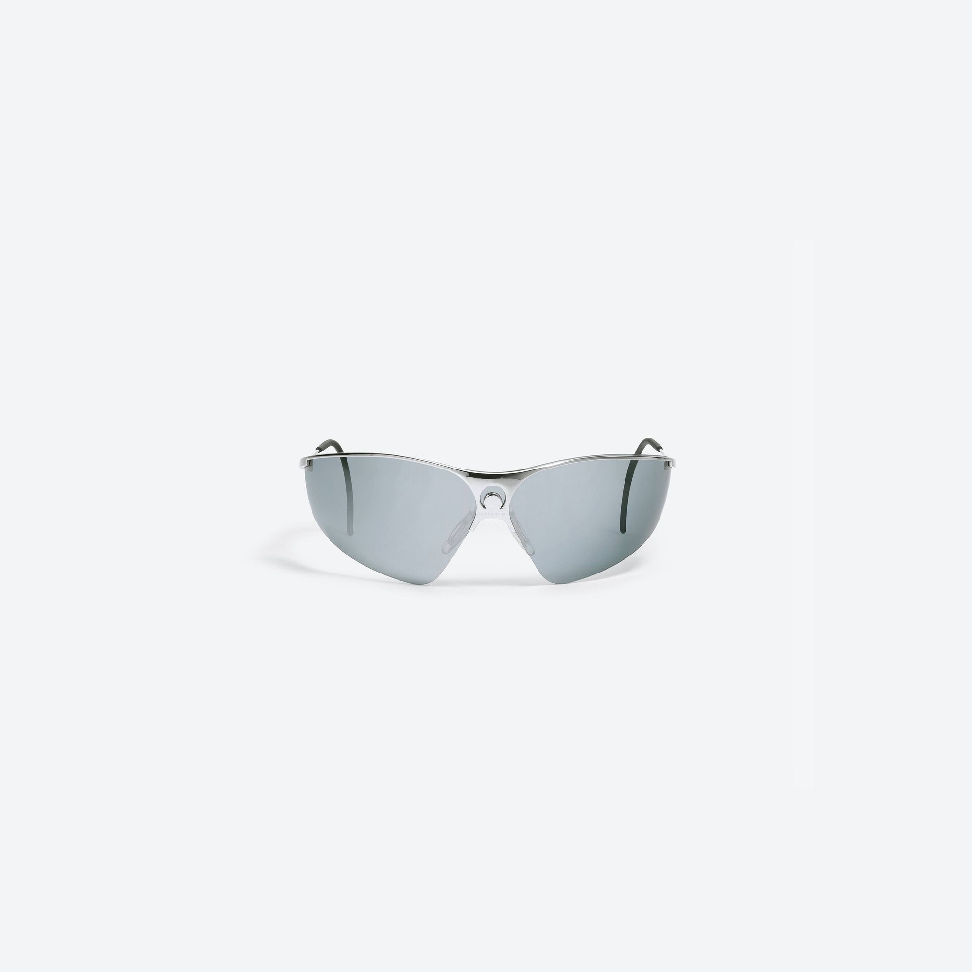 A front view of Gentle Monster Marine Serre - Visionizer I 02(1M) Silver Metal framed Wraparound sunglasses.