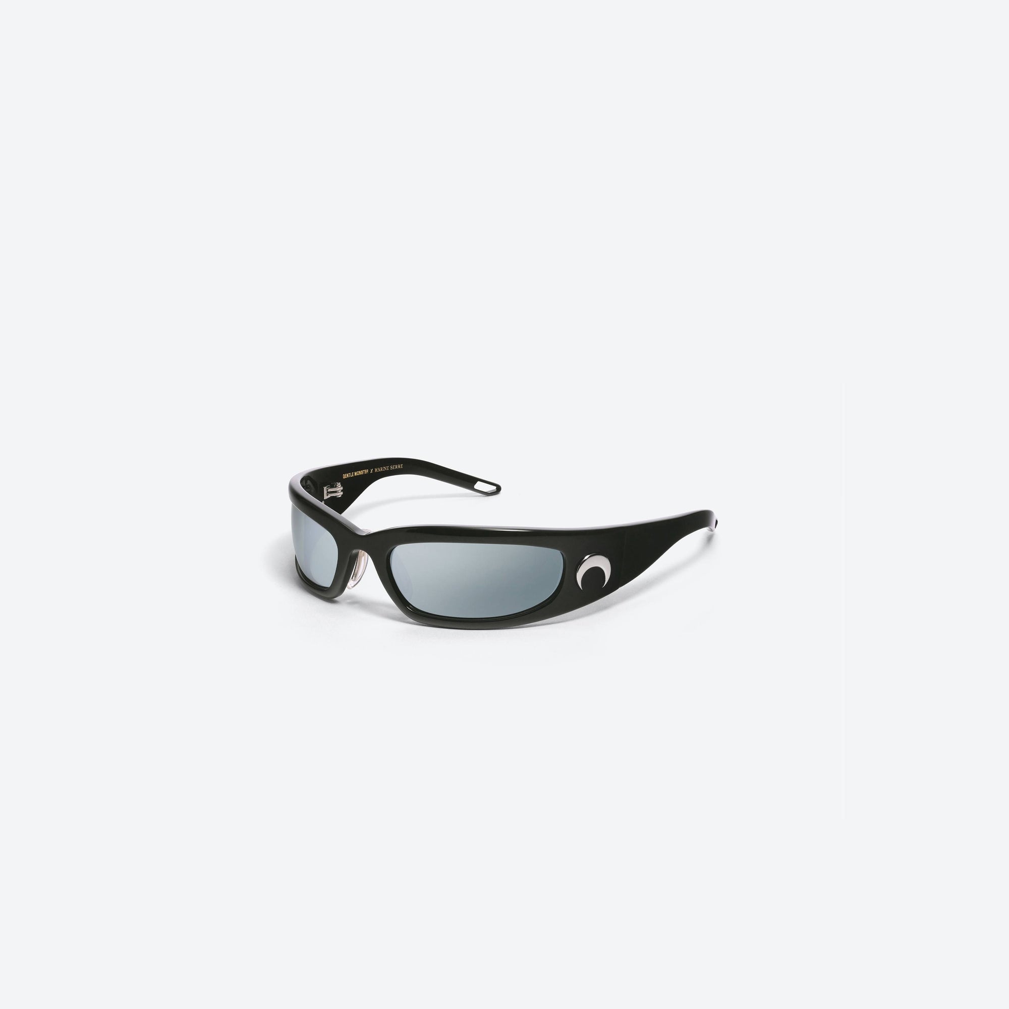 45-degree view of Gentle Monster Marine Serre - Visionizer II 01 Black Acetate framed Wraparound sunglasses.