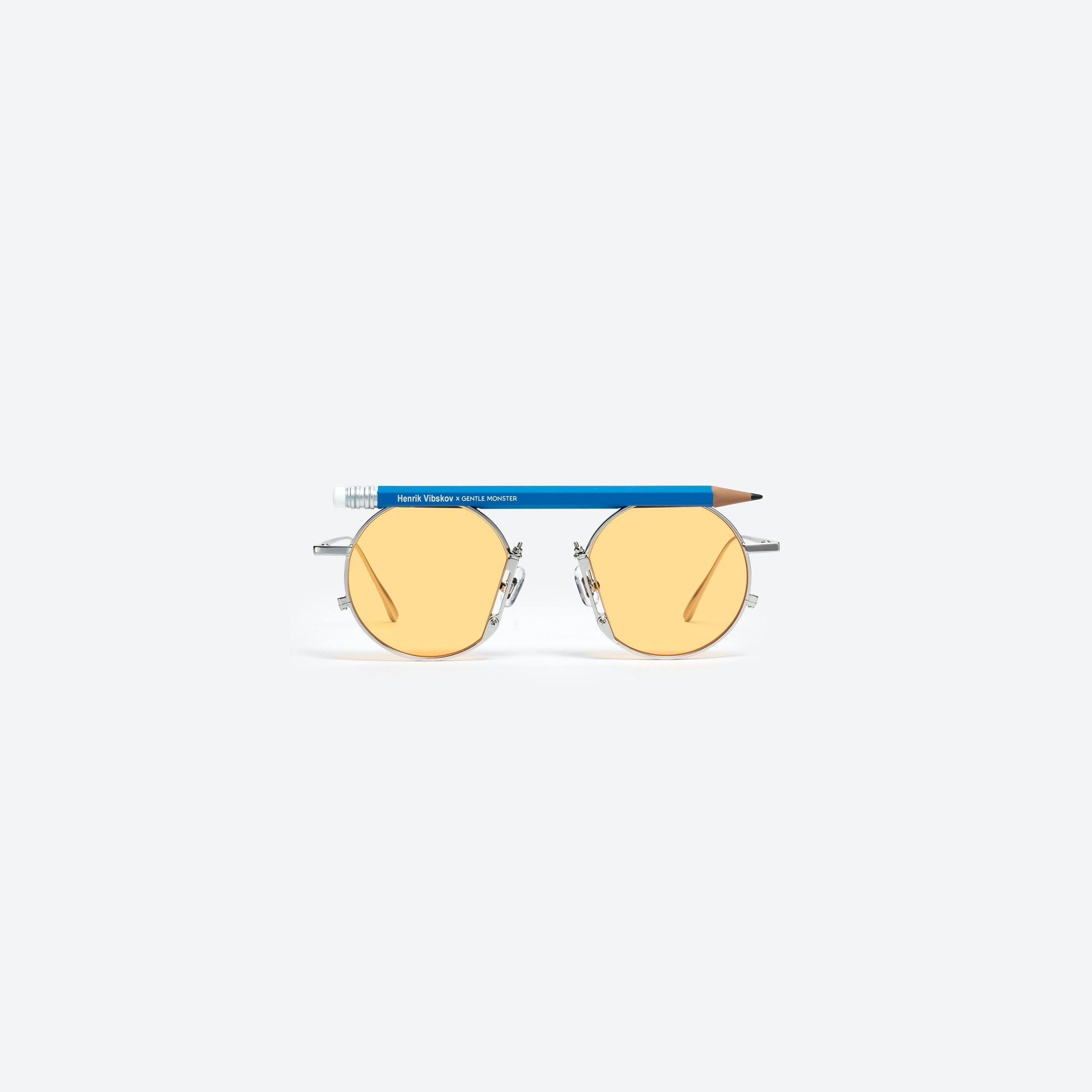 A front view of Gentle Monster Henrik Vibskov - Pencil Glasses Blue Pen Silver Metal framed Round sunglasses.