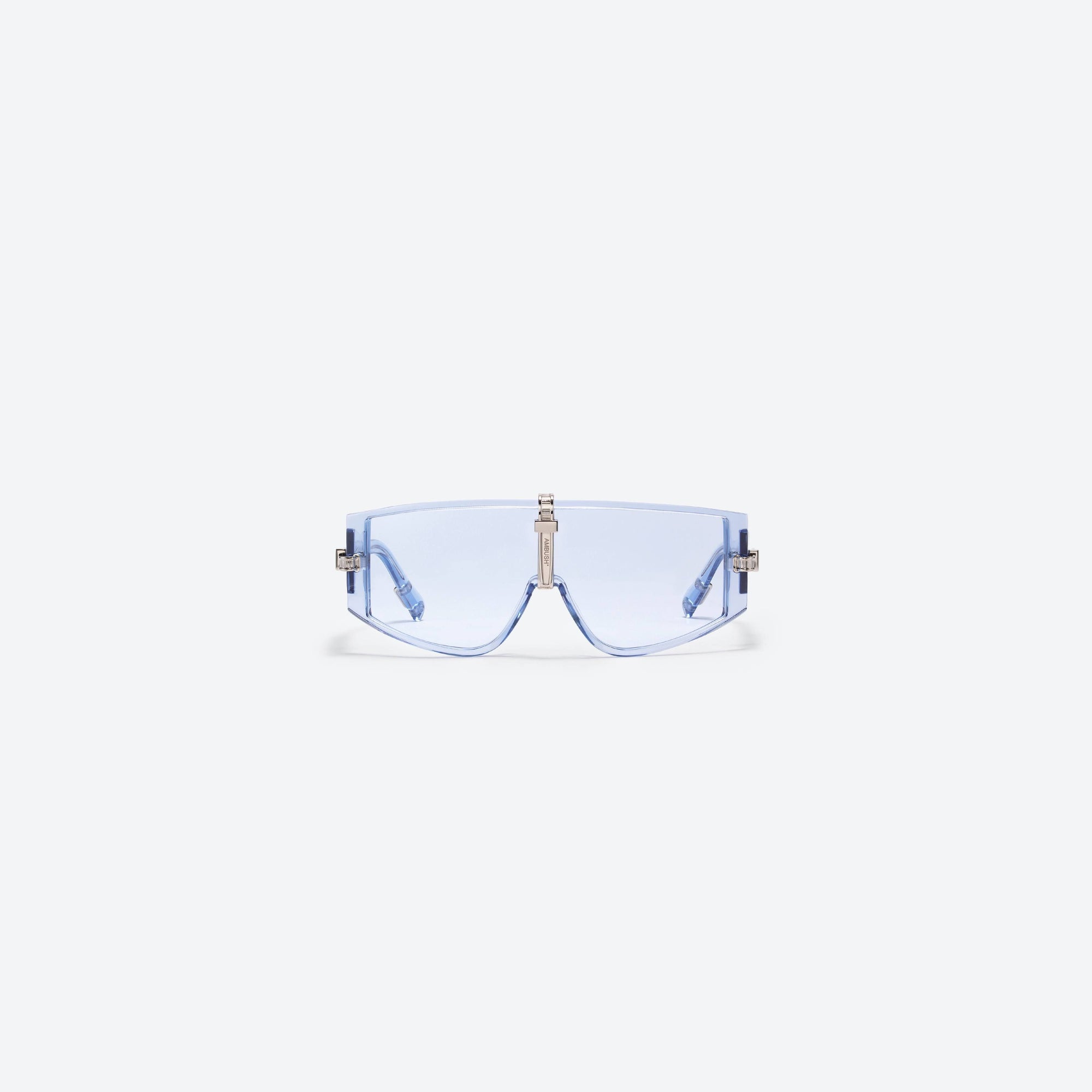 A front view of Gentle Monster Ambush - Ziptie BC1 Blue Acetate framed Wraparound sunglasses.