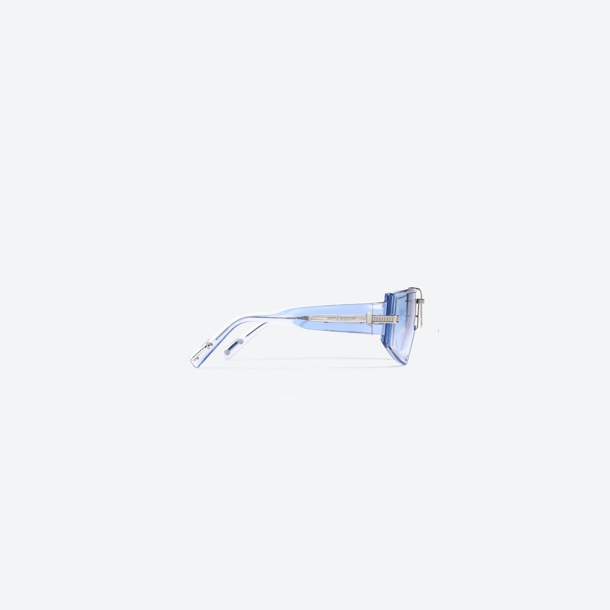 A detailed right view of Gentle Monster Ambush - Ziptie BC1 Blue Acetate framed Wraparound sunglasses.