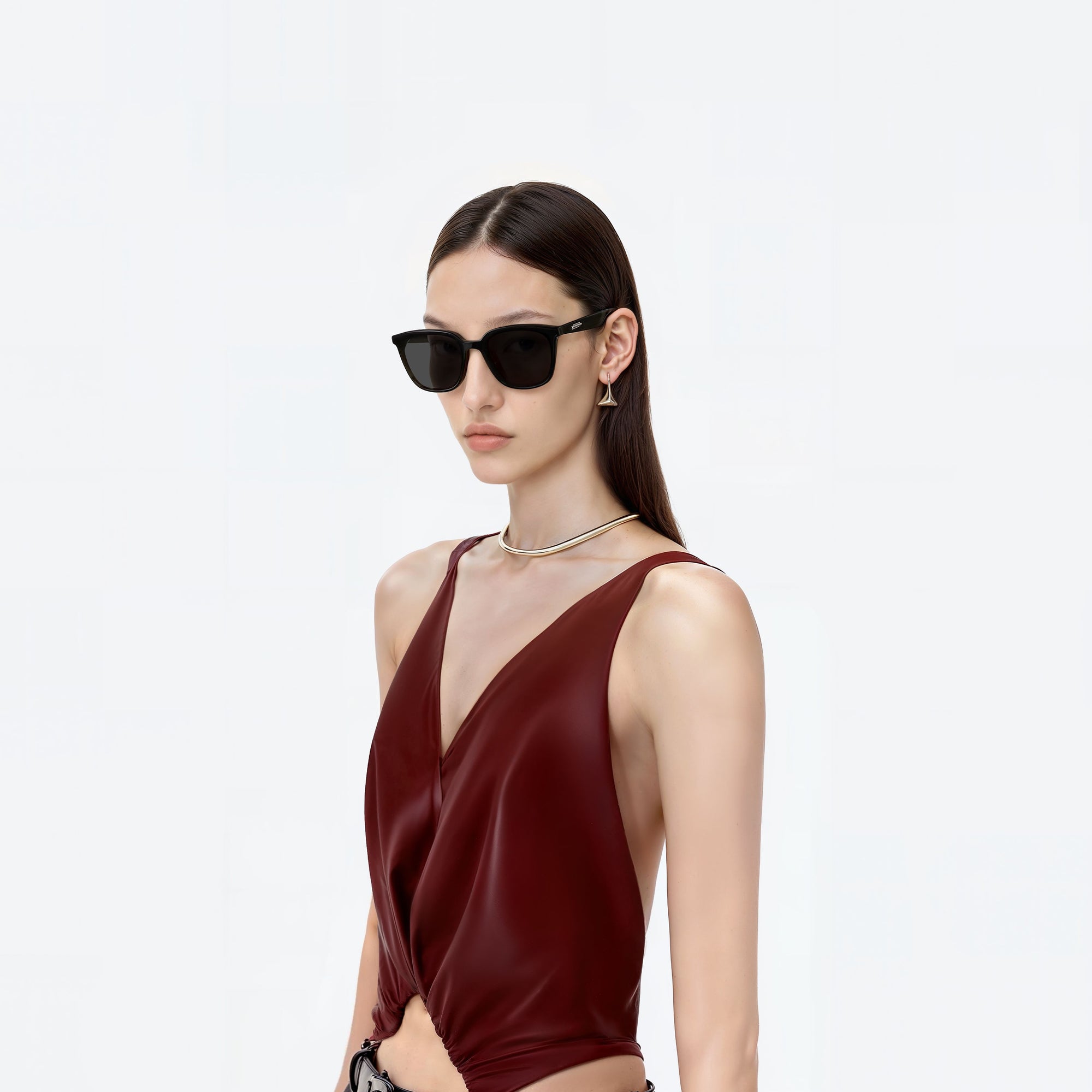 Model wearing the Lilit 01 Black Acetate framed Square sunglasses.