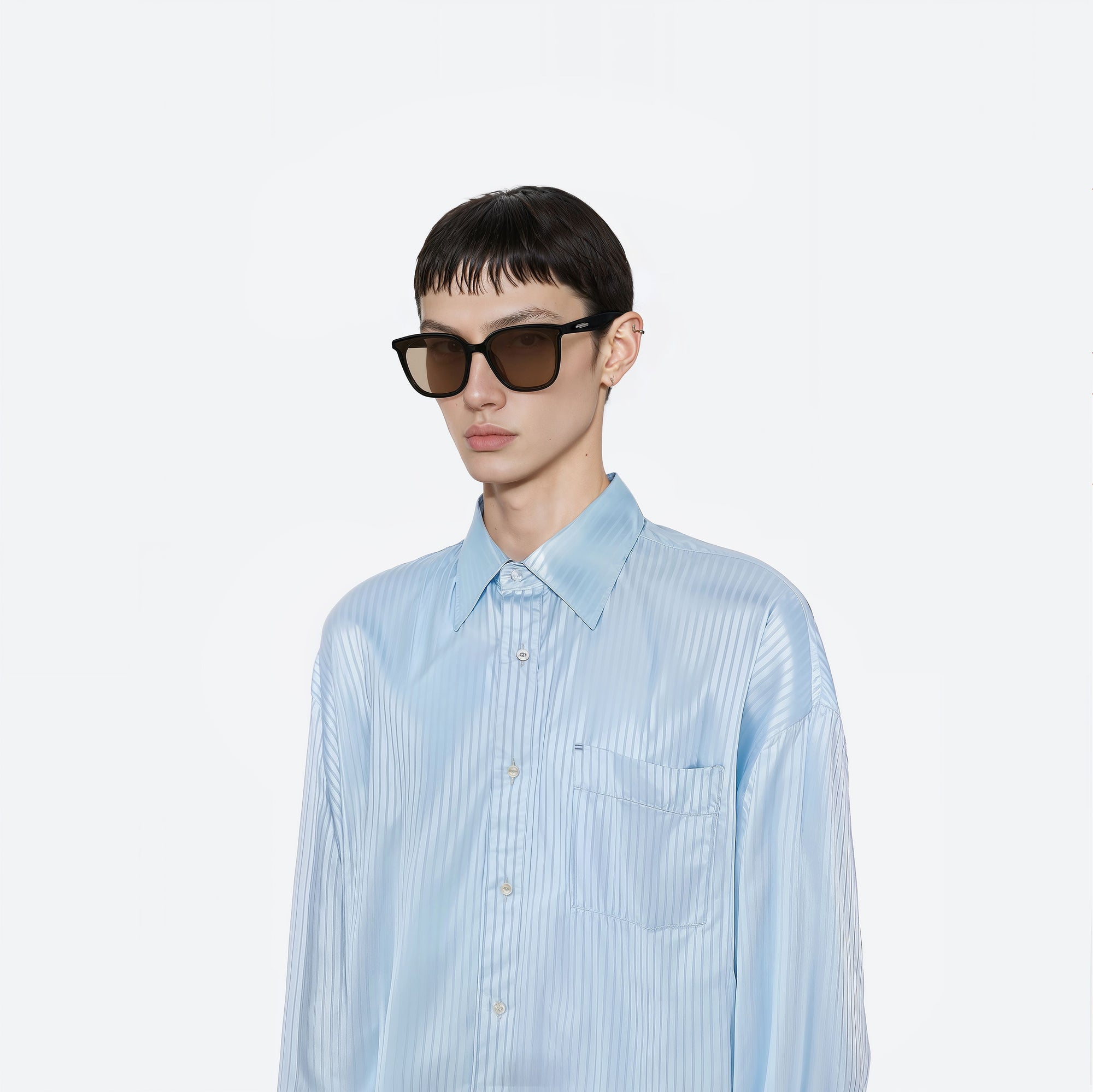 Model wearing the Lilit 01(BR) Black Acetate framed Square sunglasses.