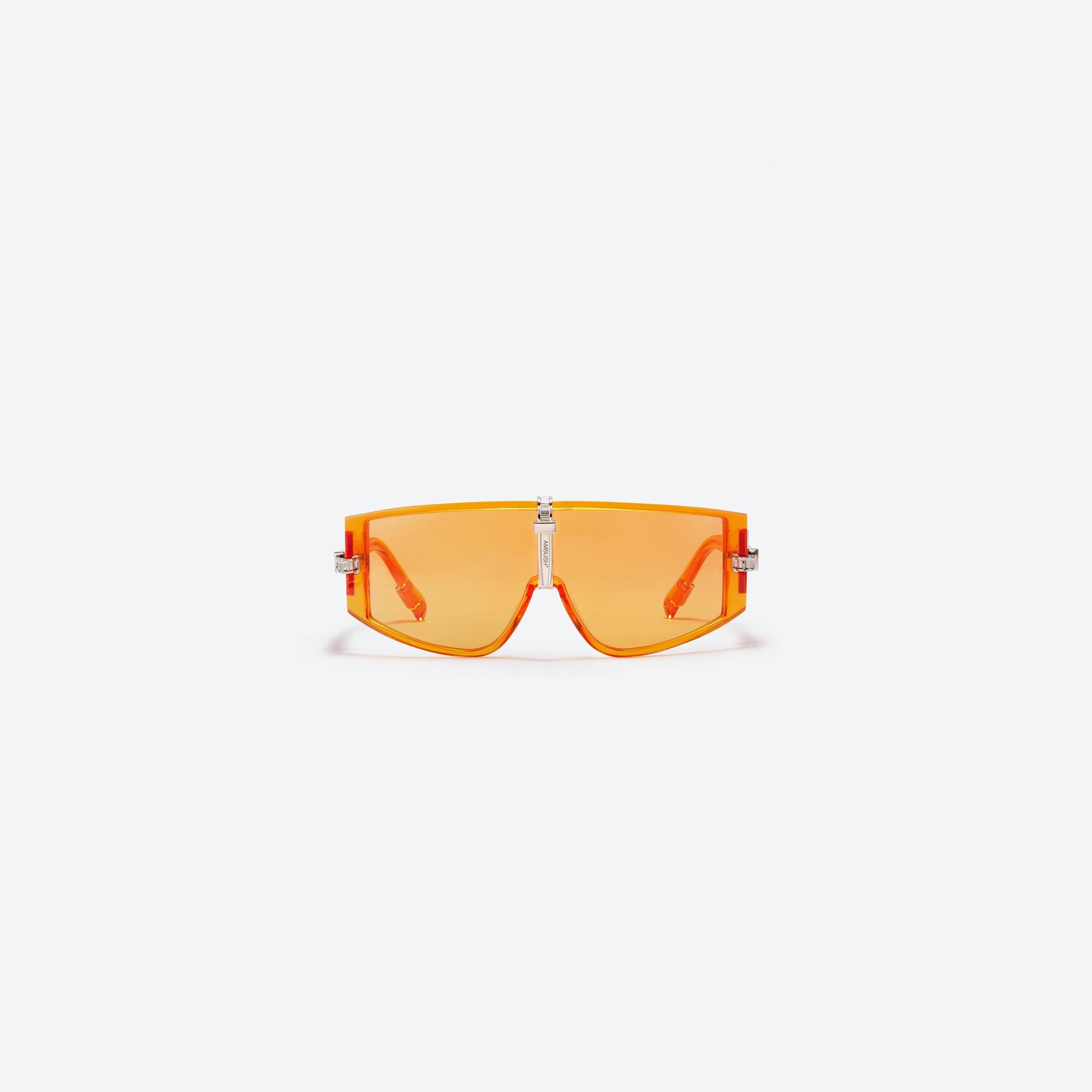 A front view of Gentle Monster Ambush - Ziptie OC1 Orange Acetate framed Wraparound sunglasses.
