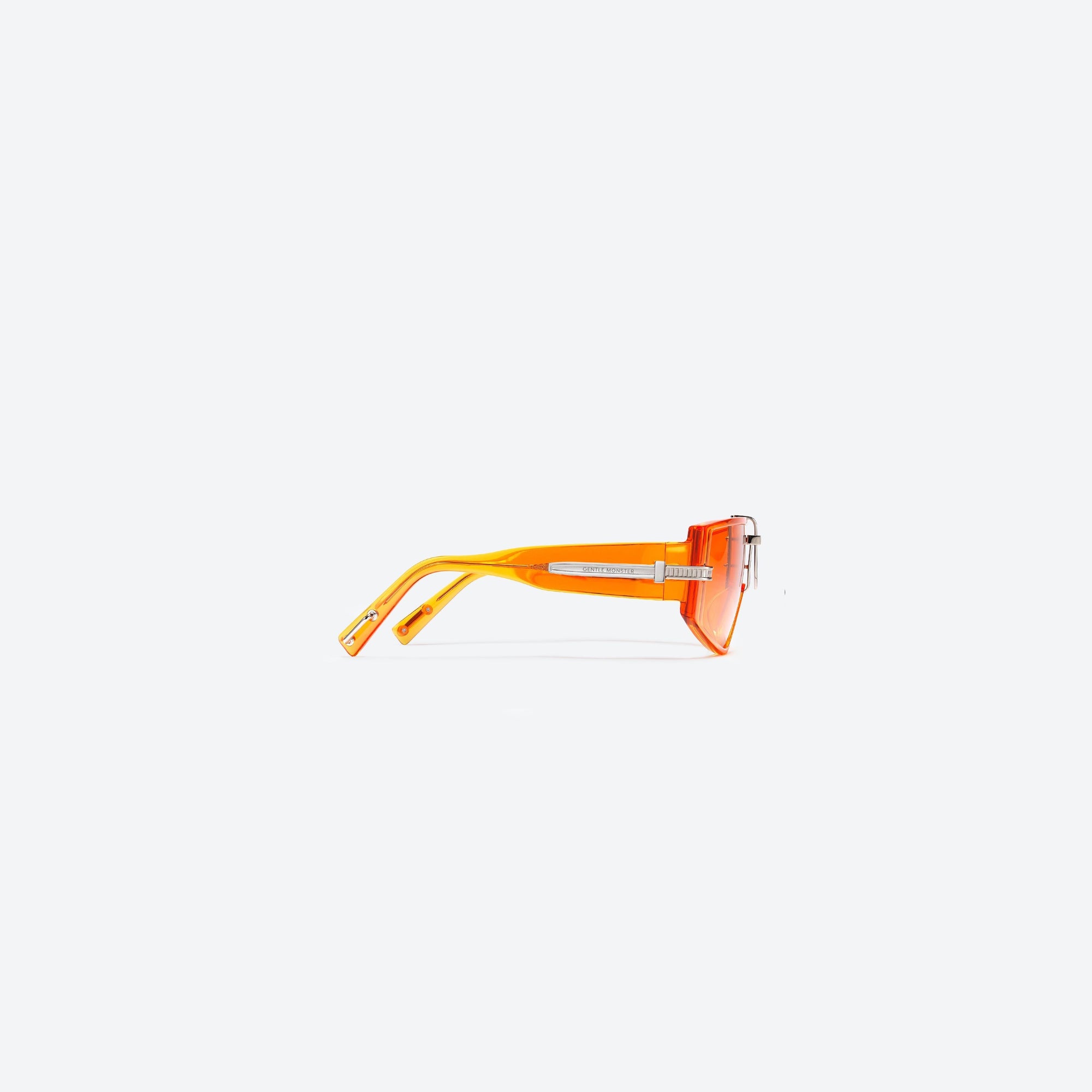 A detailed right view of Gentle Monster Ambush - Ziptie OC1 Orange Acetate framed Wraparound sunglasses.