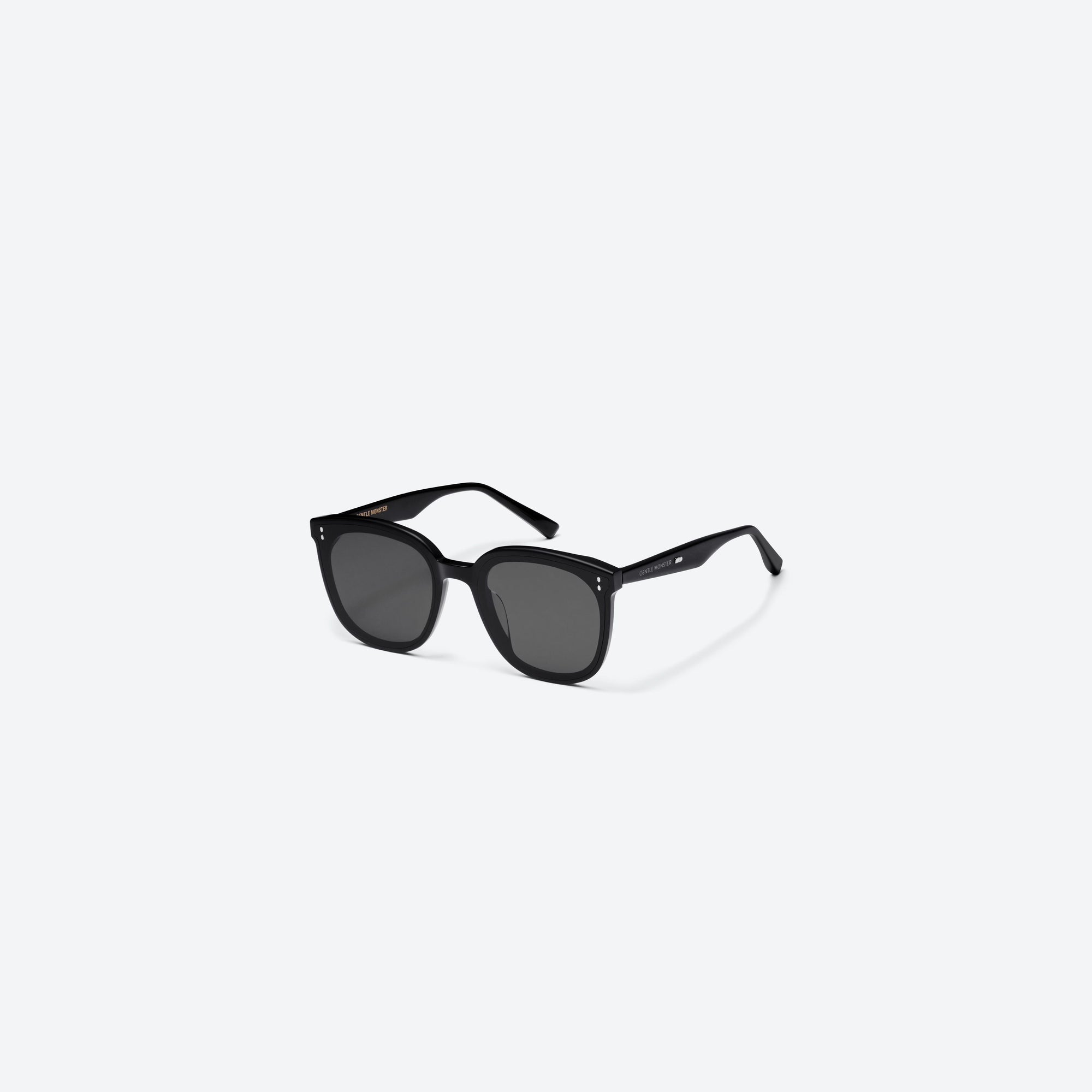 45-degree view of Gentle Monster Rosy 01 Small Black Acetate framed Round sunglasses.