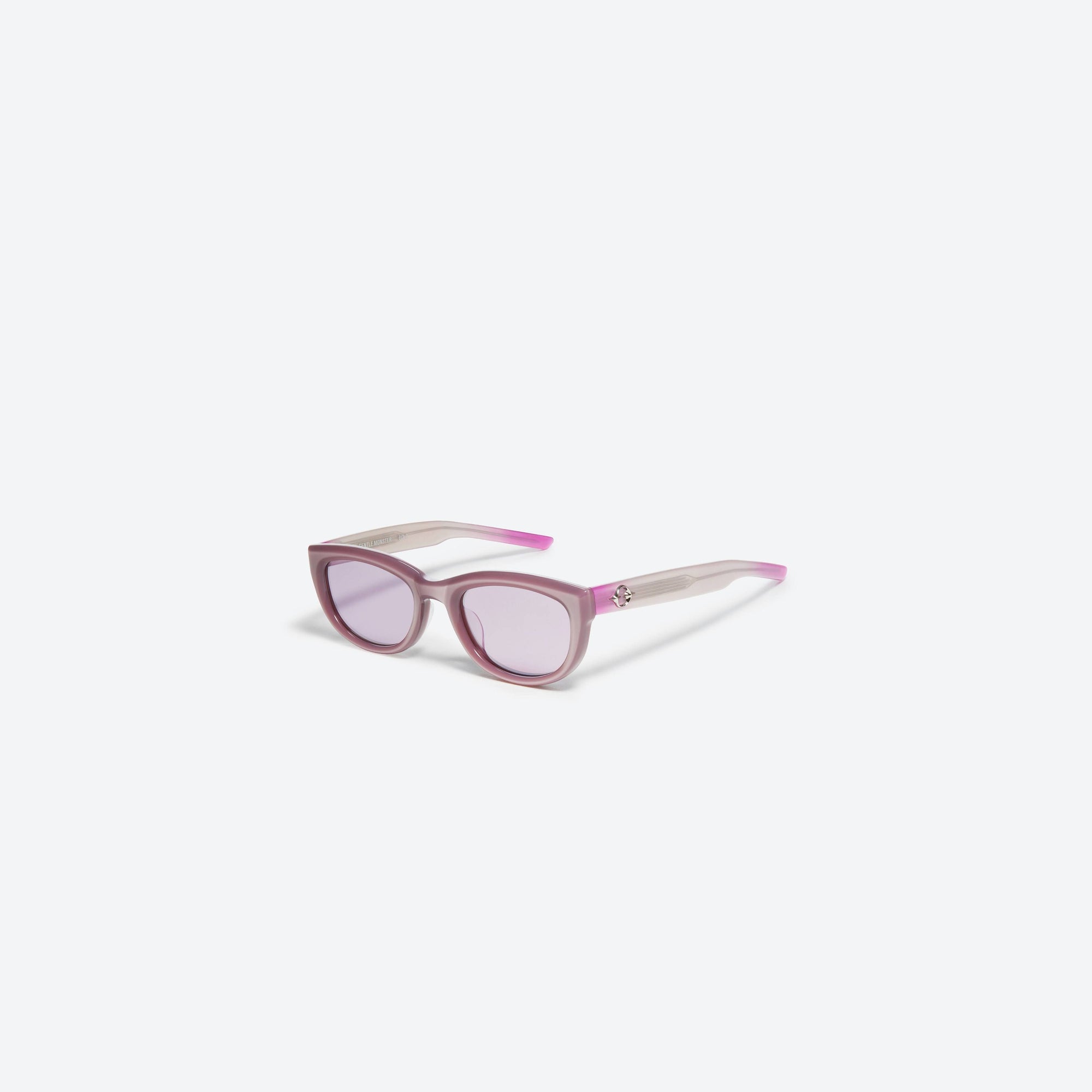 45-degree view of Gentle Monster Monochrome PC5 Pink Acetate framed Round sunglasses.