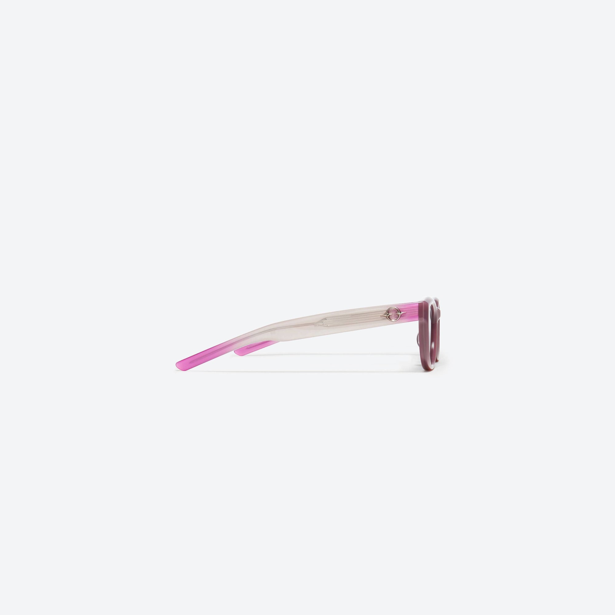 A detailed right view of Gentle Monster Monochrome PC5 Pink Acetate framed Round sunglasses.