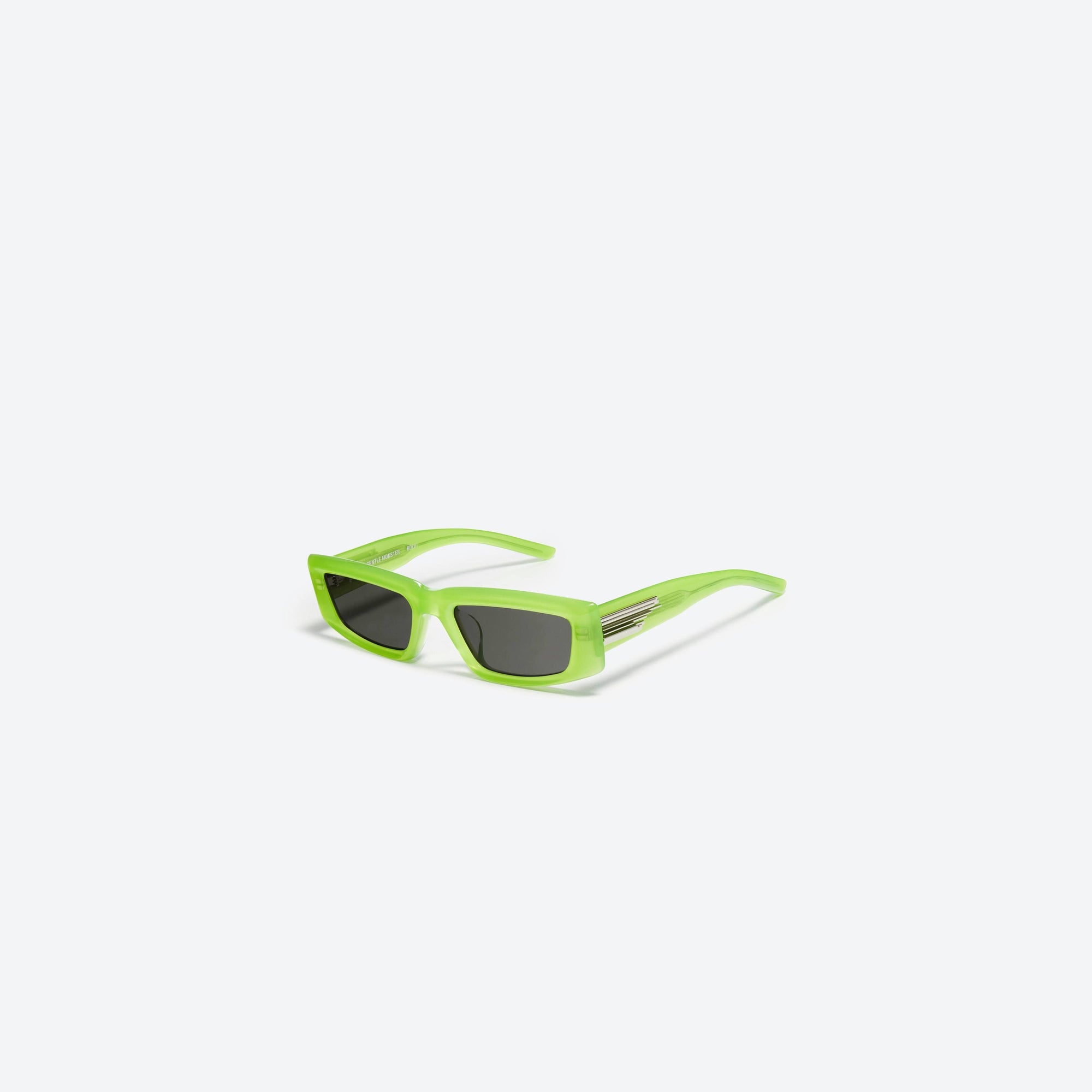 45-degree view of Gentle Monster Silver Clouds GRC3 Green Acetate framed Square sunglasses.