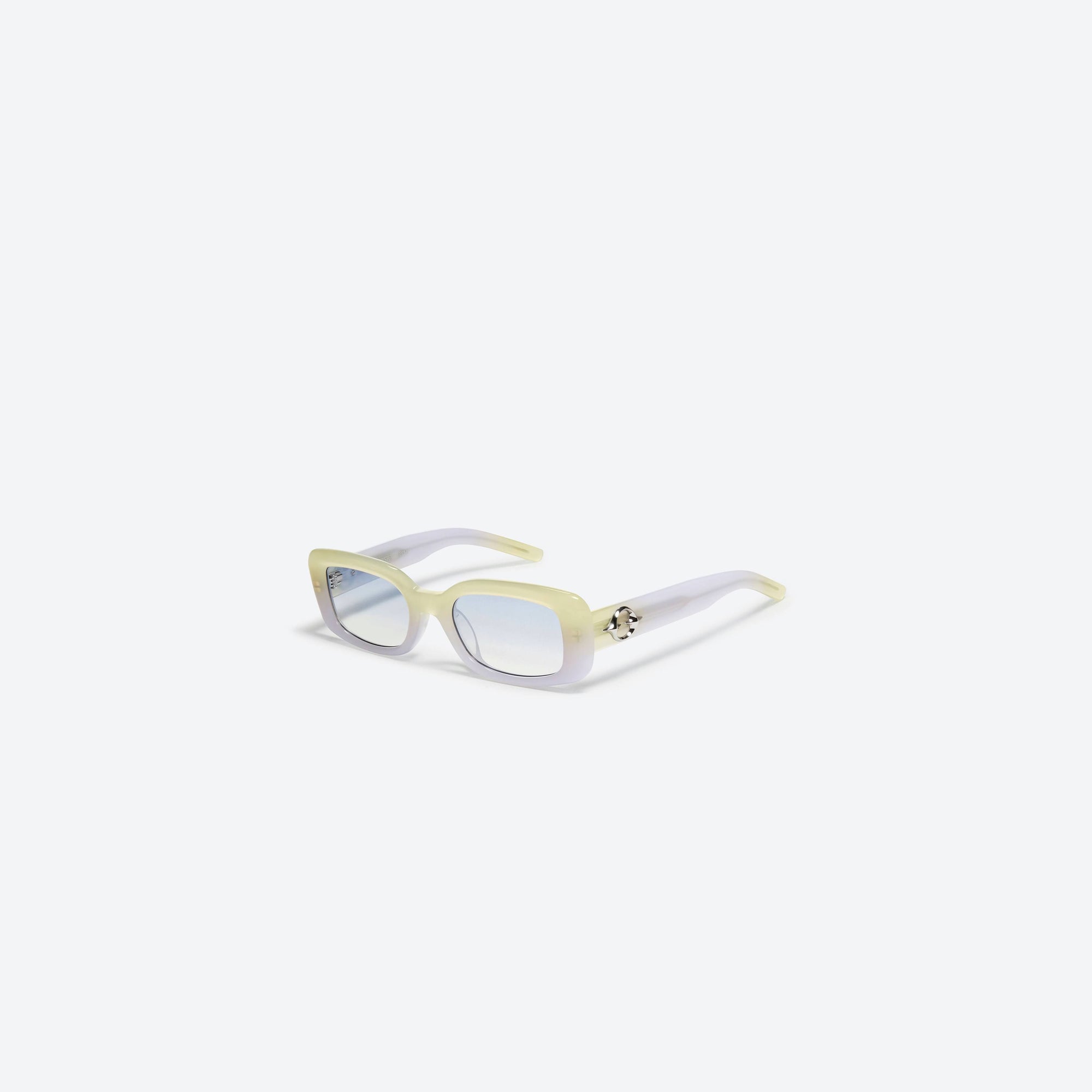 45-degree view of Gentle Monster The Bell YVG1 Yellow Acetate framed Square sunglasses.