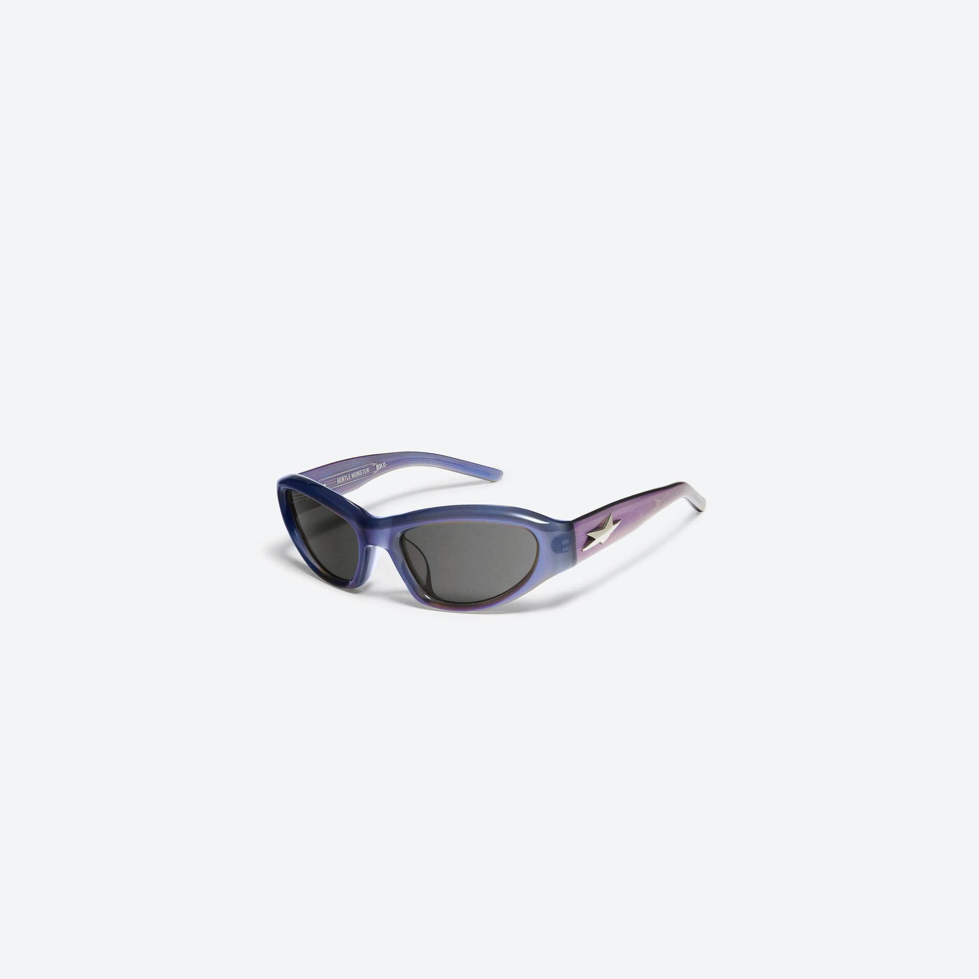 45-degree view of Gentle Monster R.E.A.T BLC6 Blue Acetate framed Wraparound sunglasses.