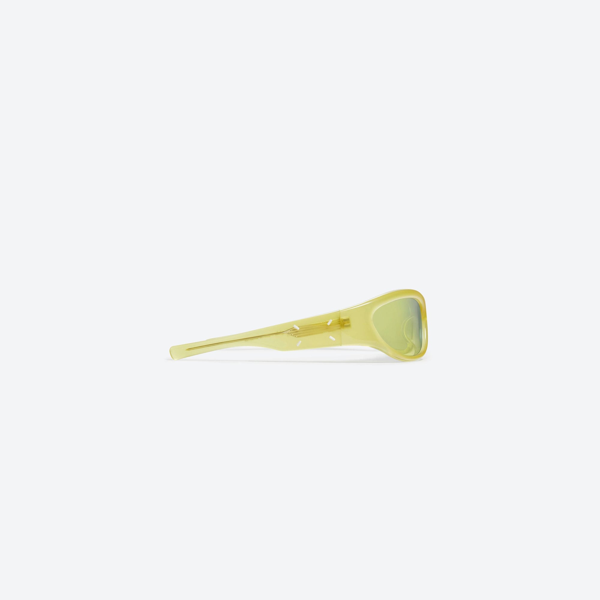 A detailed right view of Gentle Monster Maison Margiela - MM003 OL3 Green Acetate framed Wraparound sunglasses.