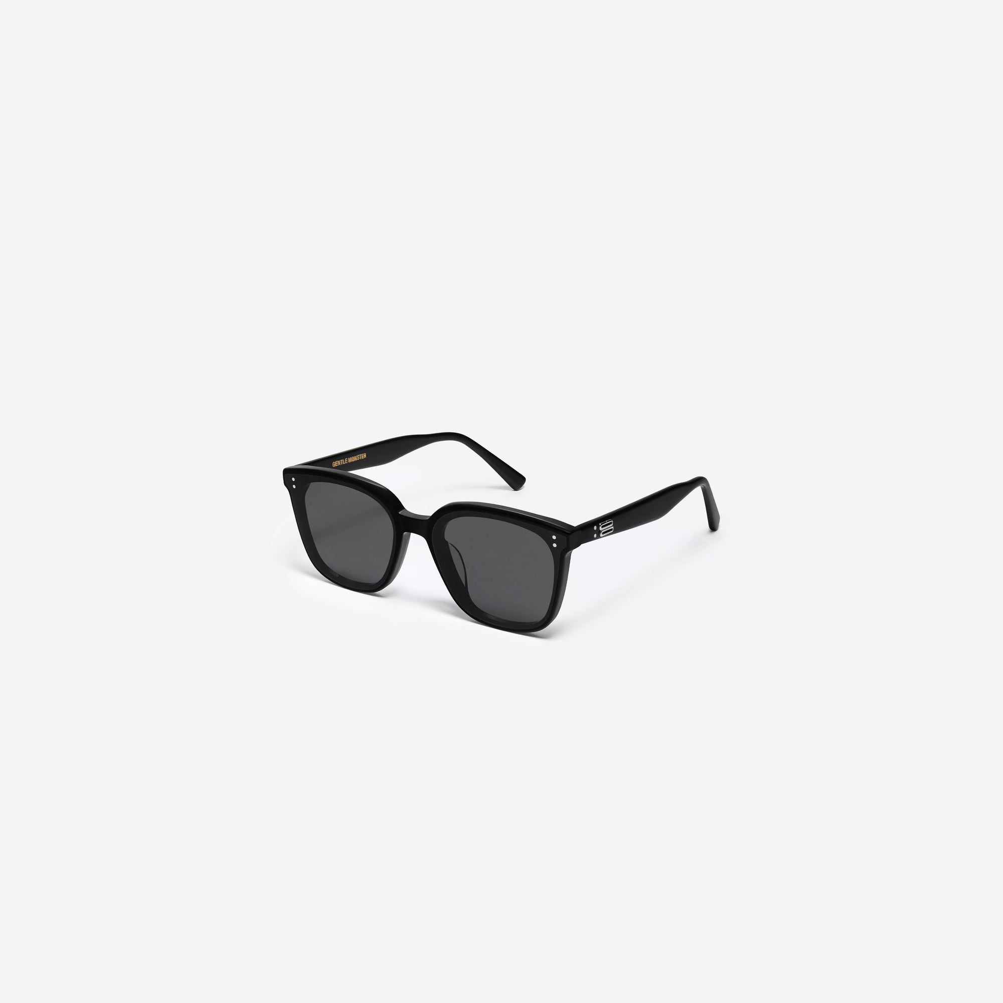 45-degree view of Gentle Monster Queen 01 Black Acetate framed Square sunglasses.