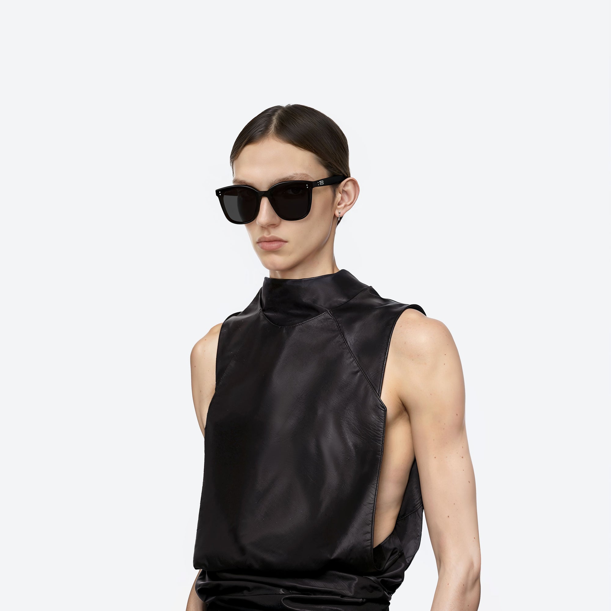 Model wearing the Queen 01 Black Acetate framed Square sunglasses.