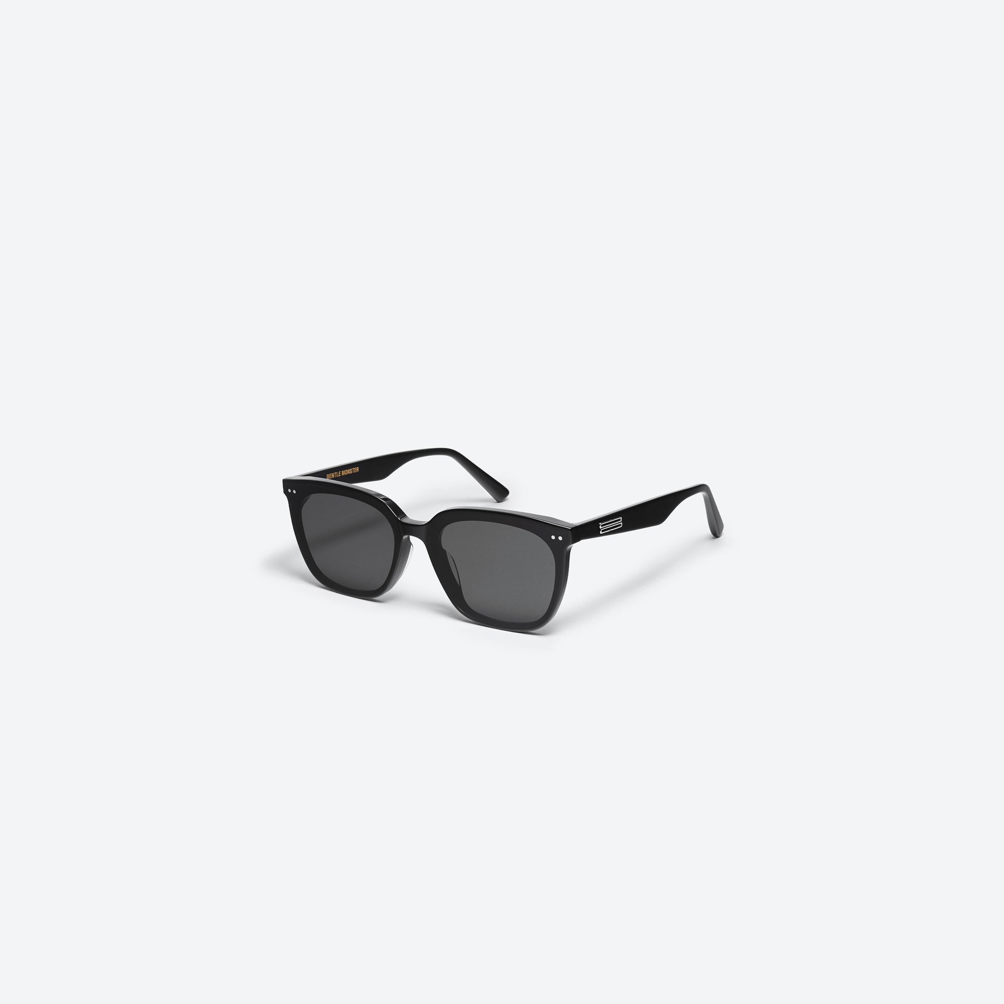 45-degree view of Gentle Monster Heizer 01 Black Acetate framed Square sunglasses.