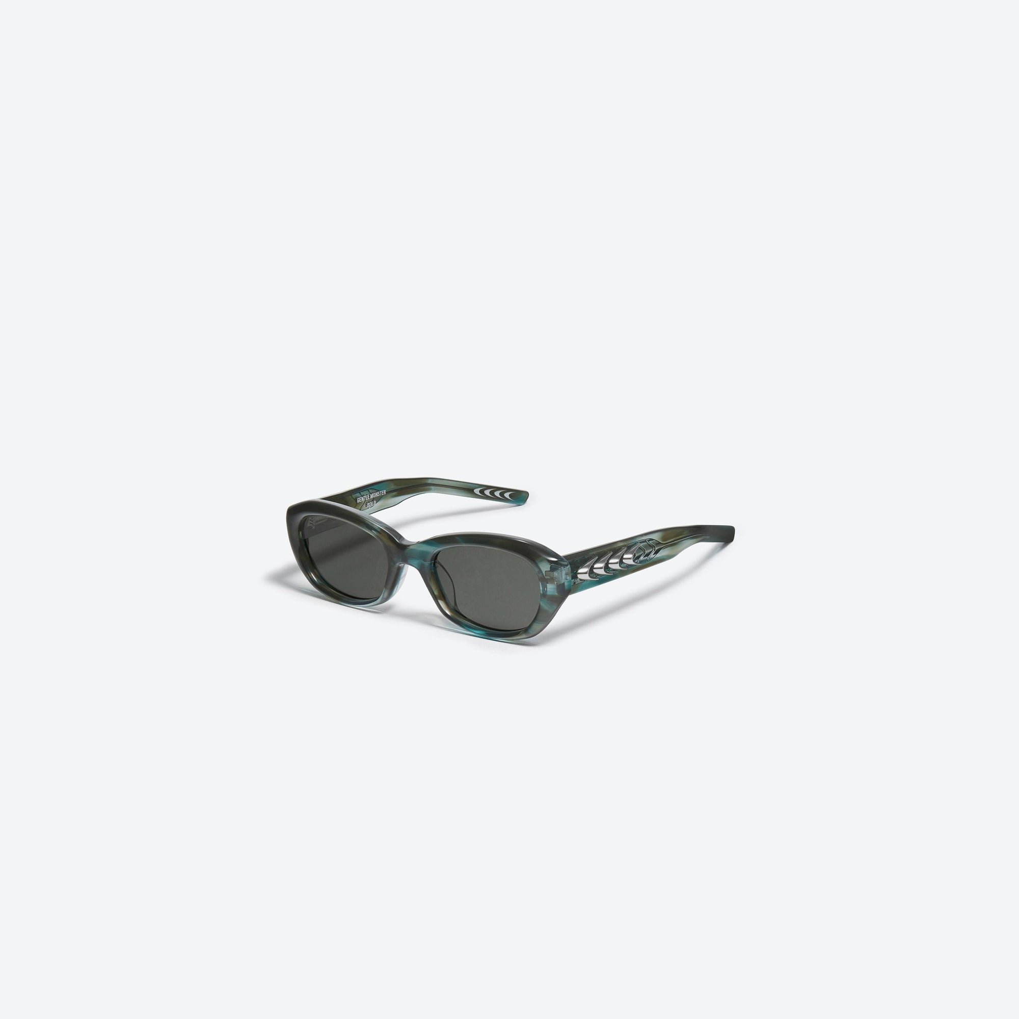 45-degree view of Gentle Monster Jules KDC1 Green Acetate framed Square sunglasses.