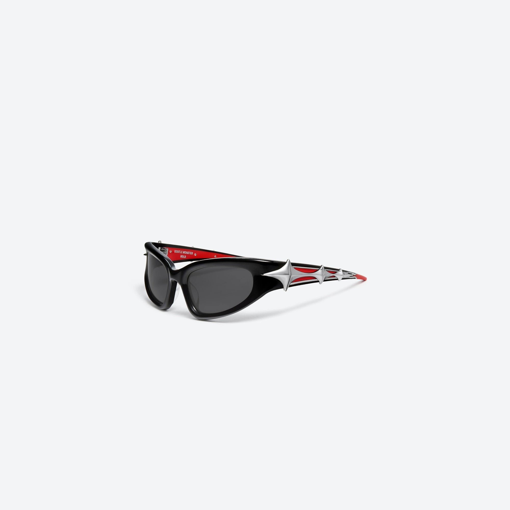45-degree view of Gentle Monster Paso 01 Black Acetate framed Wraparound sunglasses.