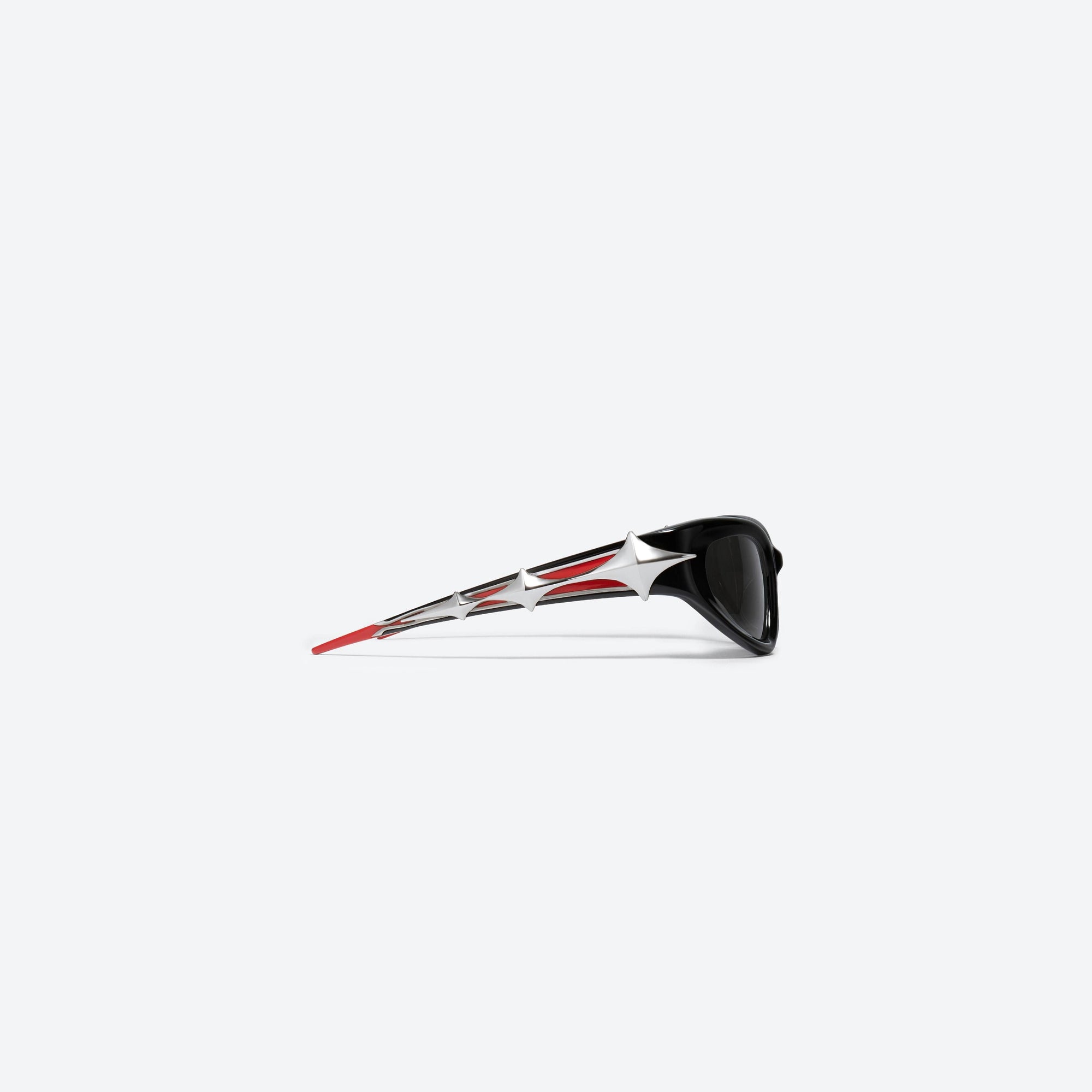 A detailed right view of Gentle Monster Paso 01 Black Acetate framed Wraparound sunglasses.
