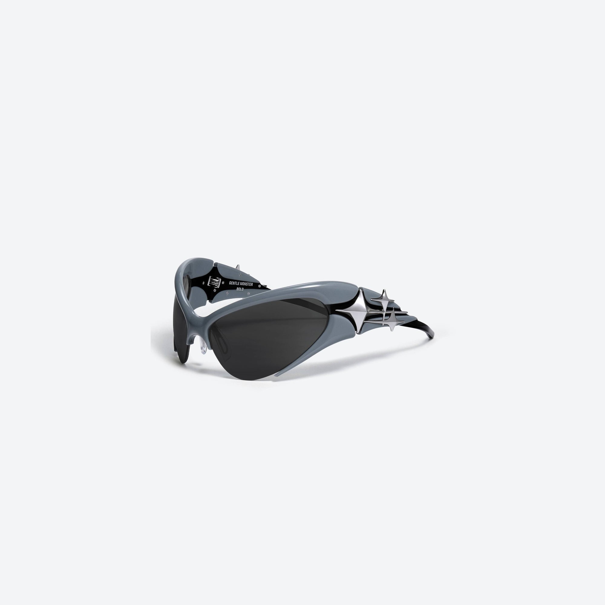 45-degree view of Gentle Monster Bree 01 Gray Acetate framed Wraparound sunglasses.