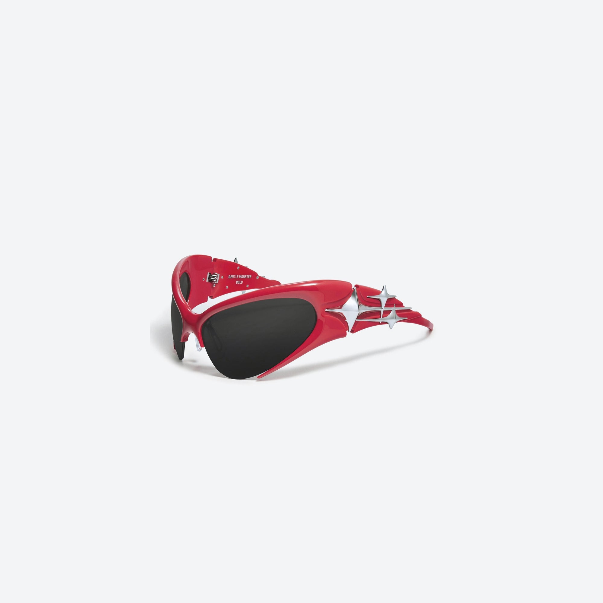 45-degree view of Gentle Monster Bree R3 Red Acetate framed Wraparound sunglasses.