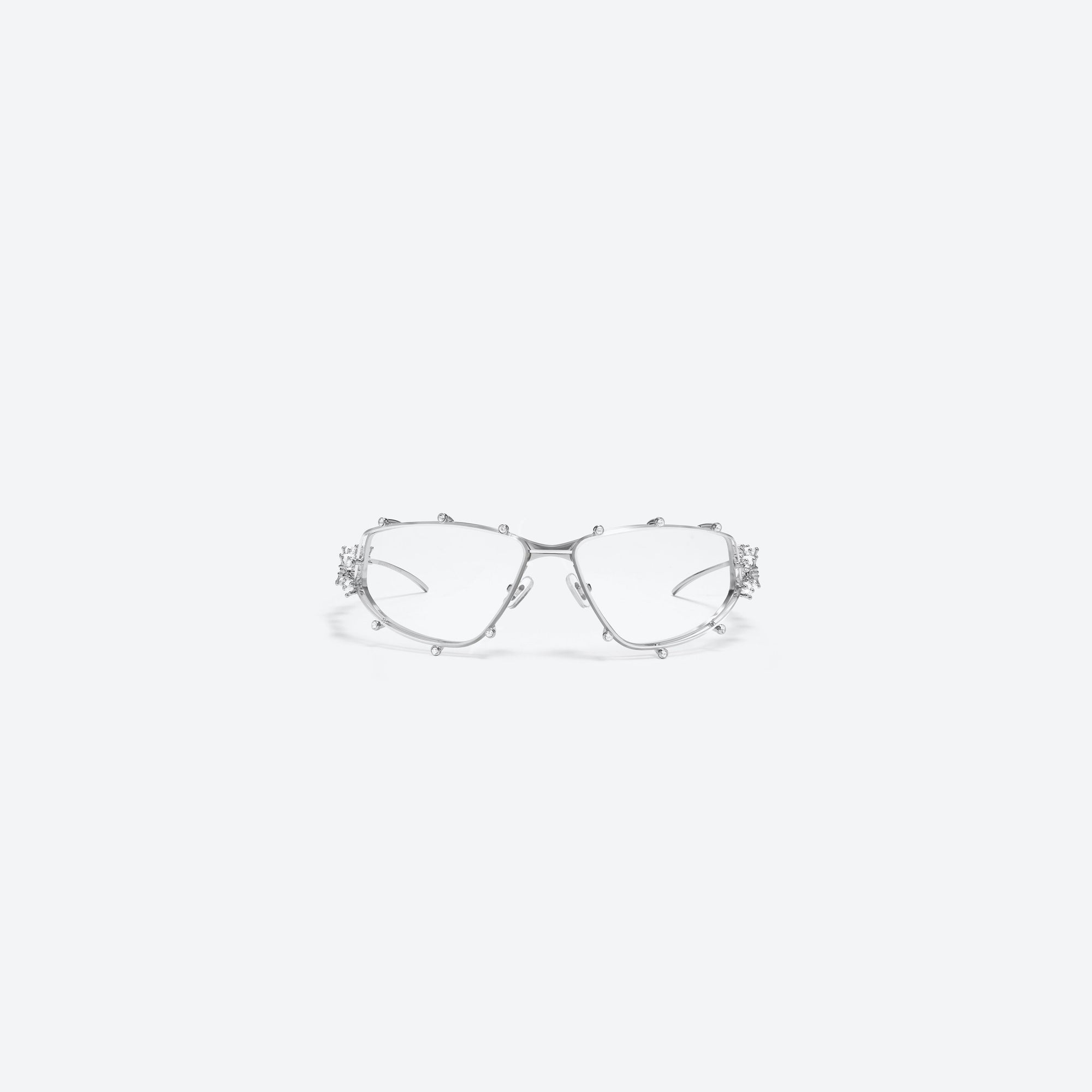 A front view of Gentle Monster D’heygere - Tiara 02 Silver Metal framed Wraparound sunglasses.