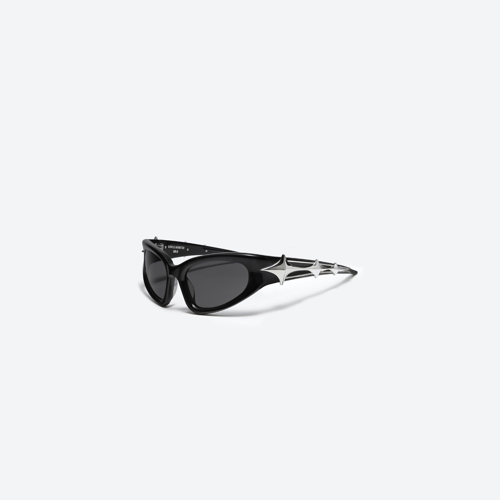 45-degree view of Gentle Monster Paso 01(BK) Black Acetate framed Wraparound sunglasses.