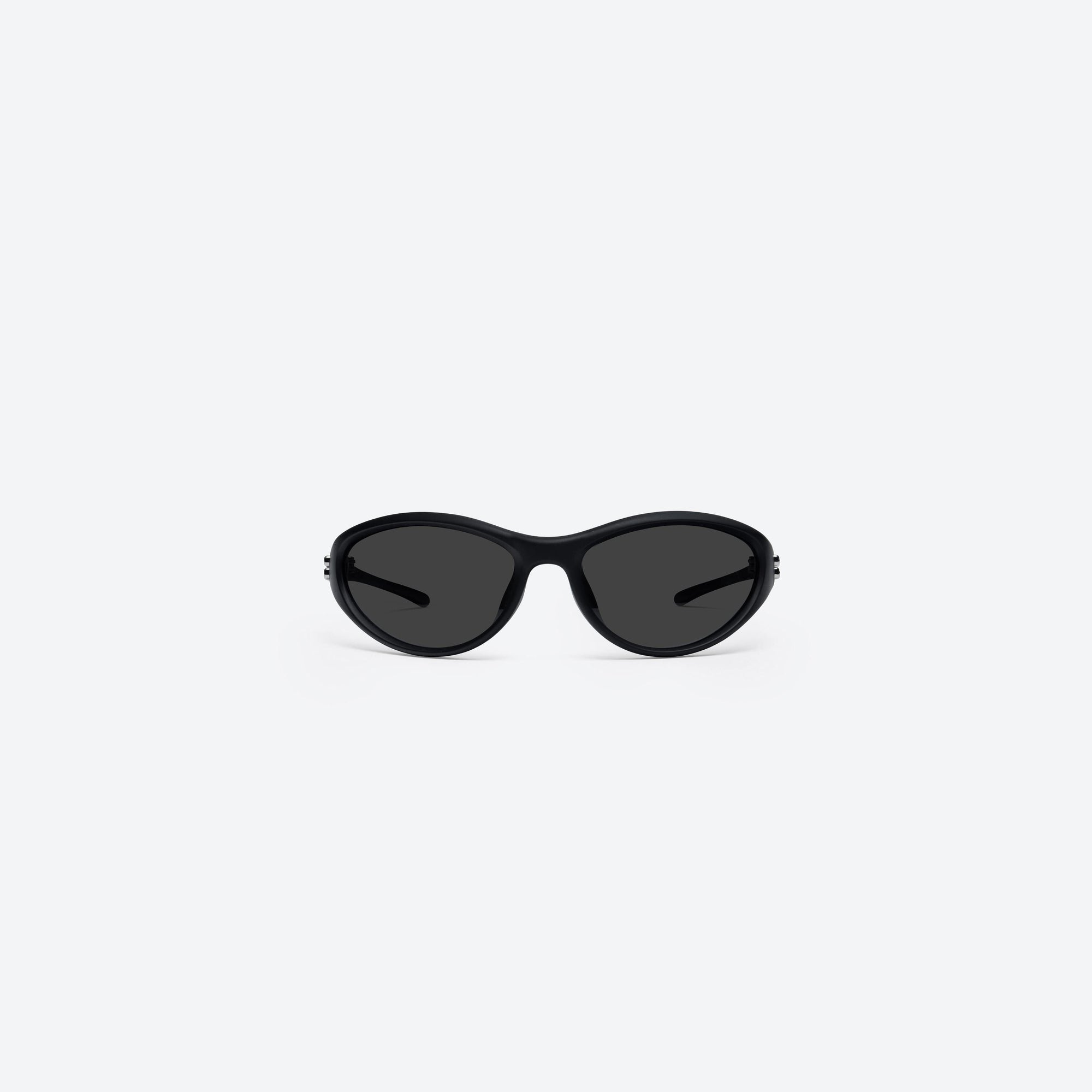A front view of Gentle Monster Sugar Buff 01 Black Nylon framed Wraparound sunglasses.