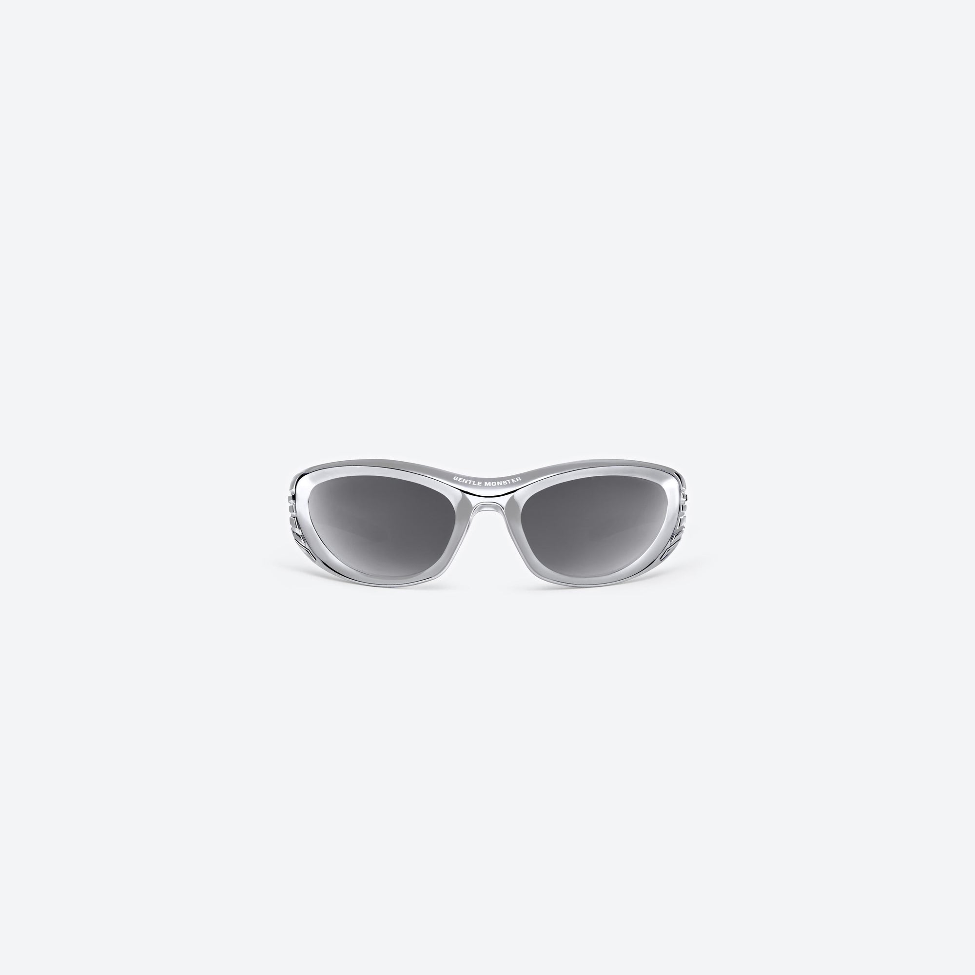 A front view of Gentle Monster Mugler - Spiral 02 CS1 Silver Nylon framed Wraparound sunglasses.