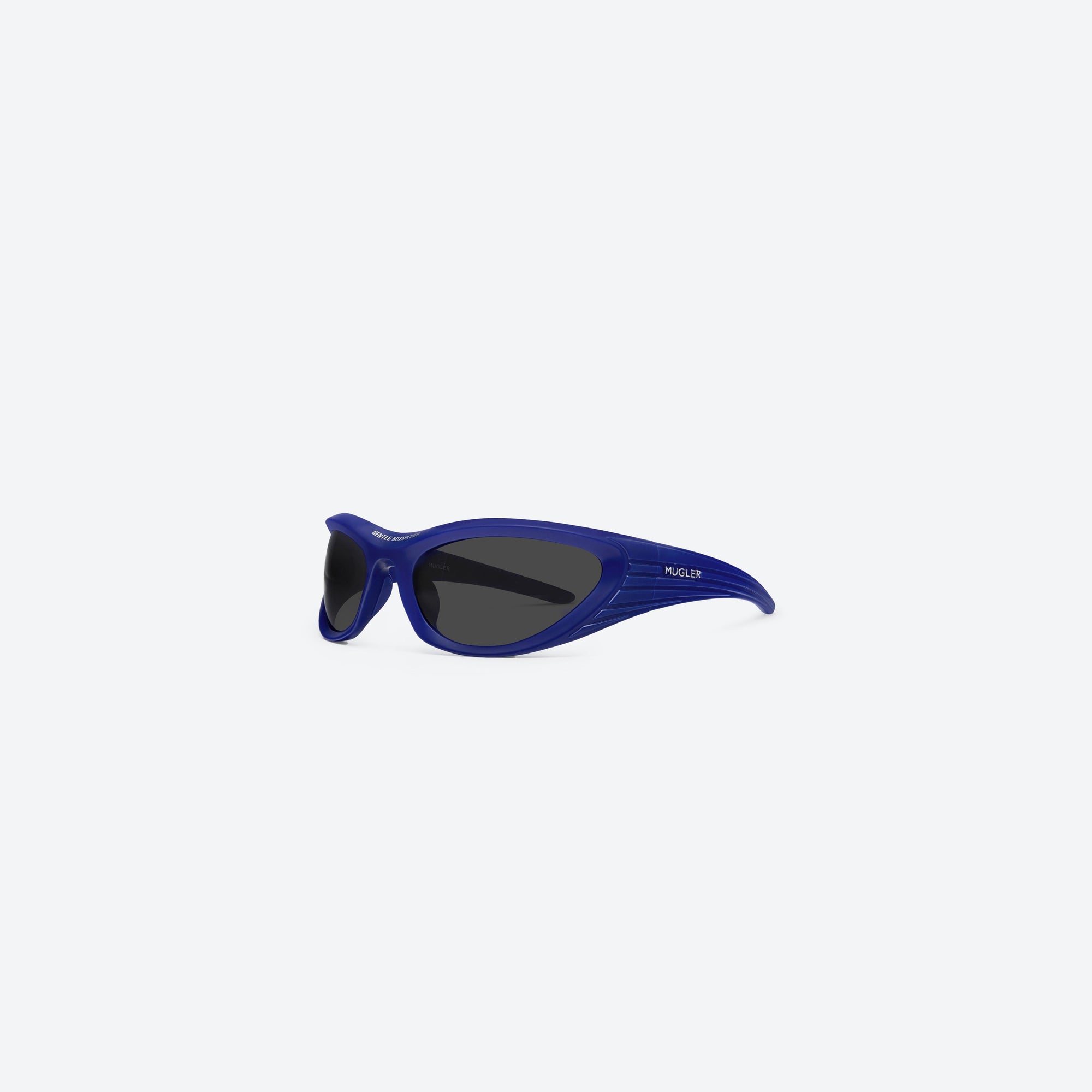 45-degree view of Gentle Monster Mugler - Spiral 02 V2 Purple Nylon framed Wraparound sunglasses.