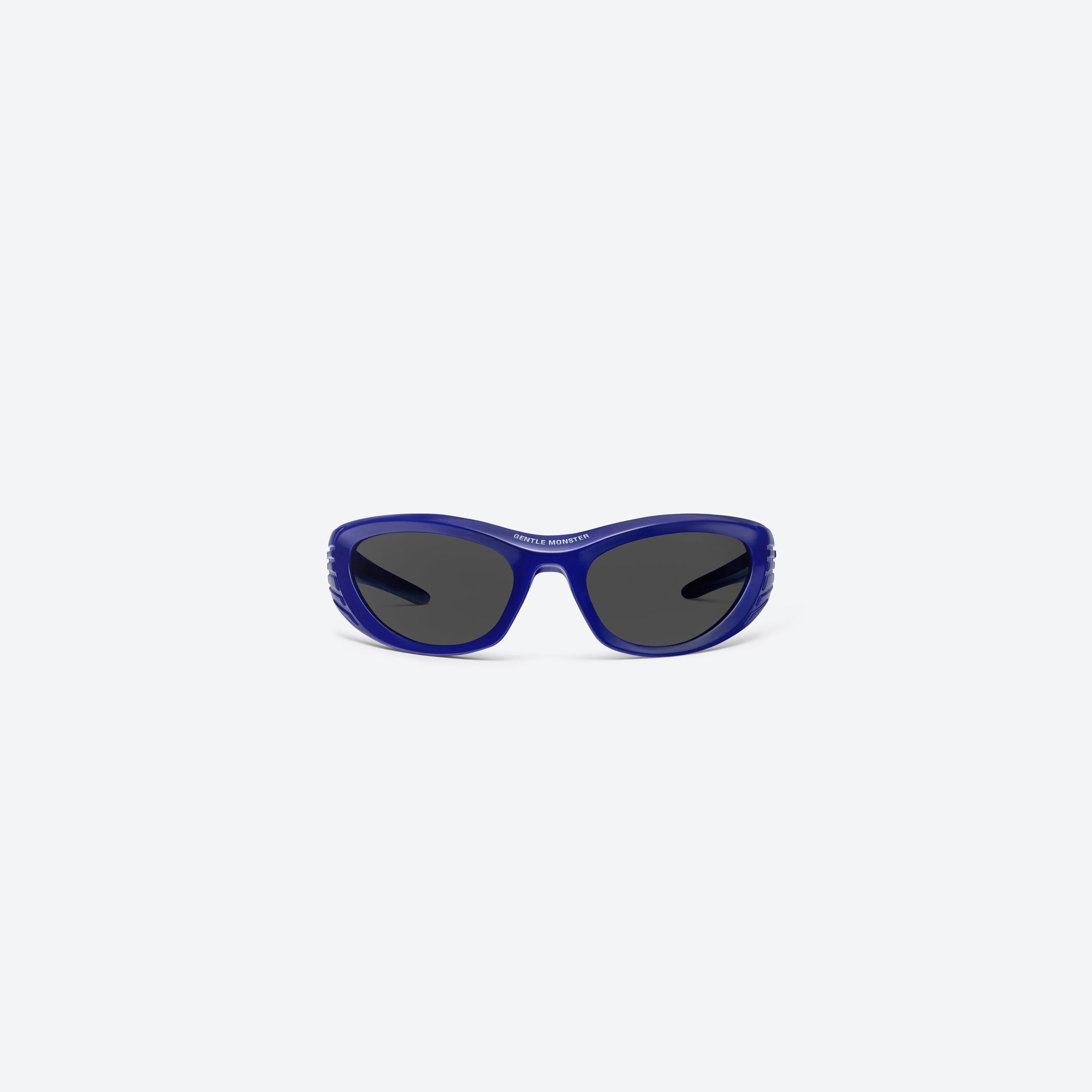 A front view of Gentle Monster Mugler - Spiral 02 V2 Purple Nylon framed Wraparound sunglasses.