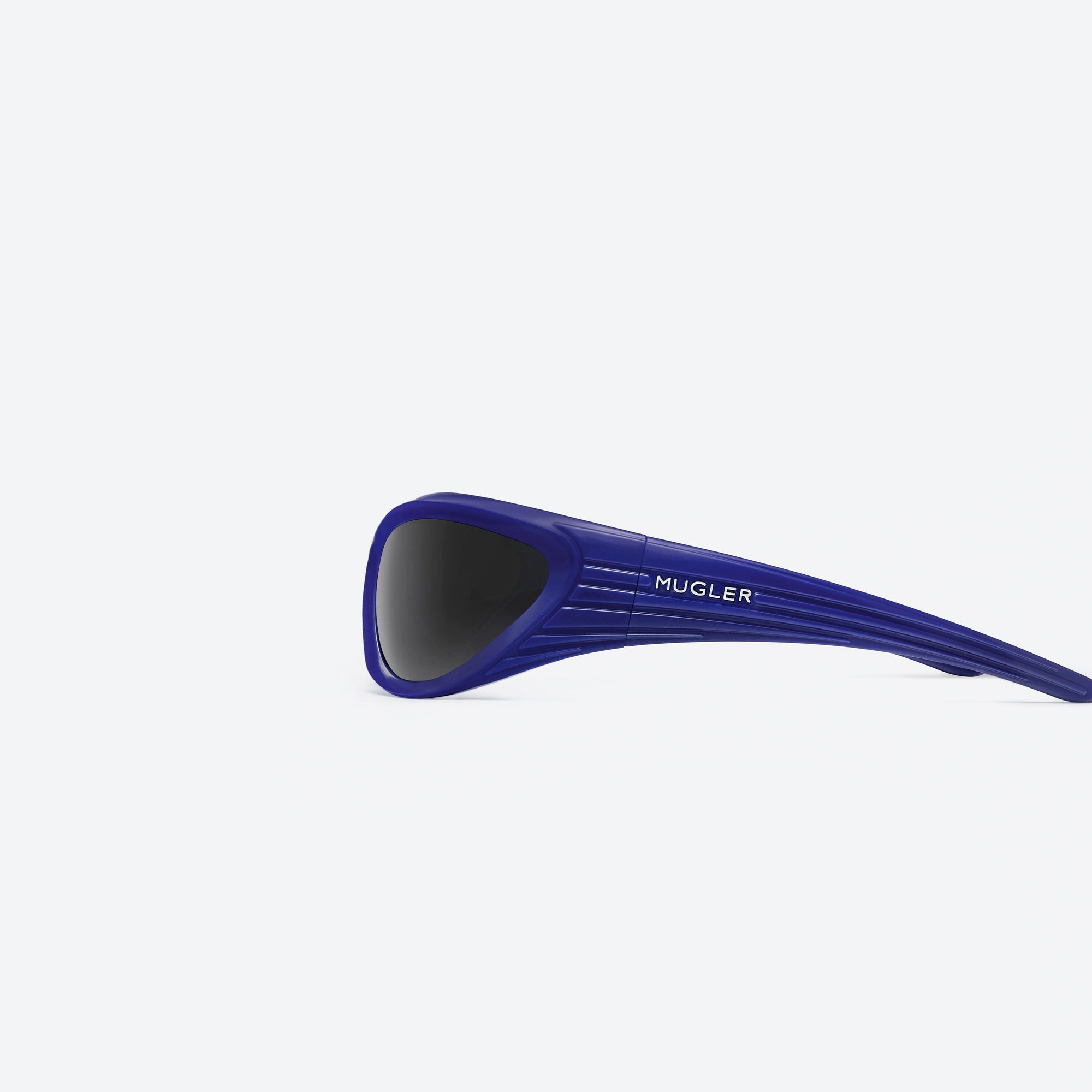 A detailed left view of Gentle Monster Mugler - Spiral 02 V2 Purple Nylon framed Wraparound sunglasses.