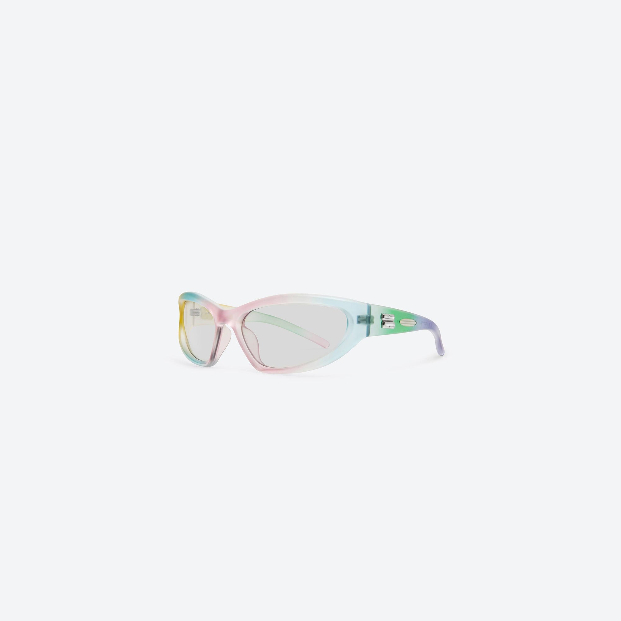 45-degree view of Gentle Monster Panna Cotta MG1 Multicolored Nylon framed Wraparound sunglasses.