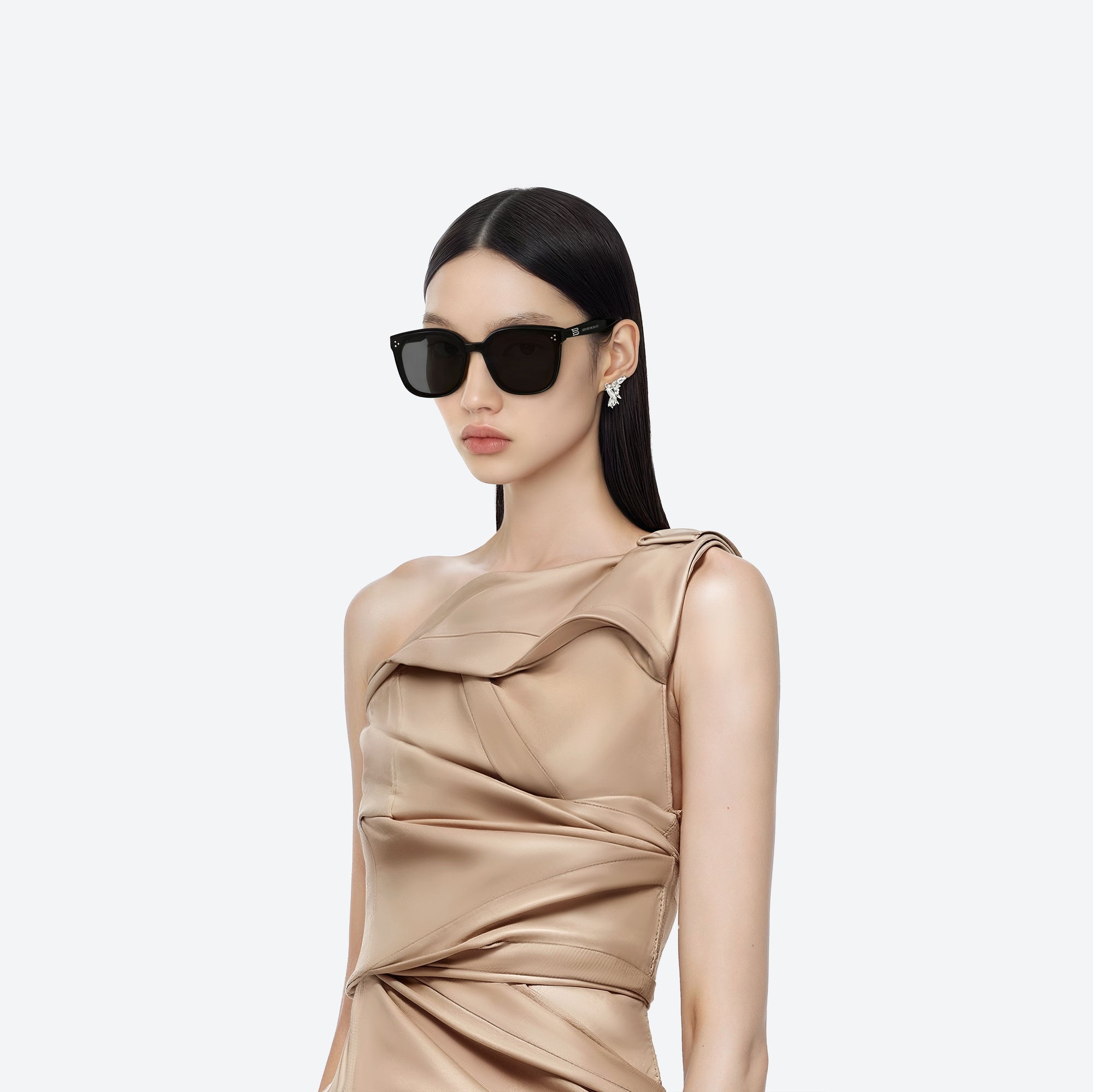 Model wearing the By 01 Black Acetate framed Square sunglasses.