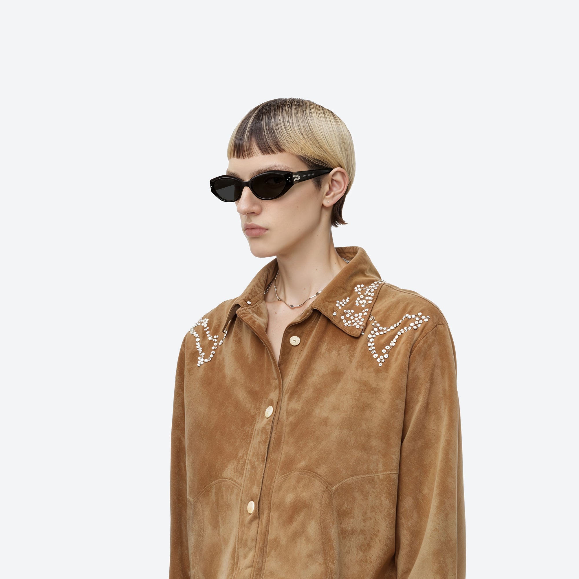Model wearing the Dada 01 Black Acetate framed Oval sunglasses.