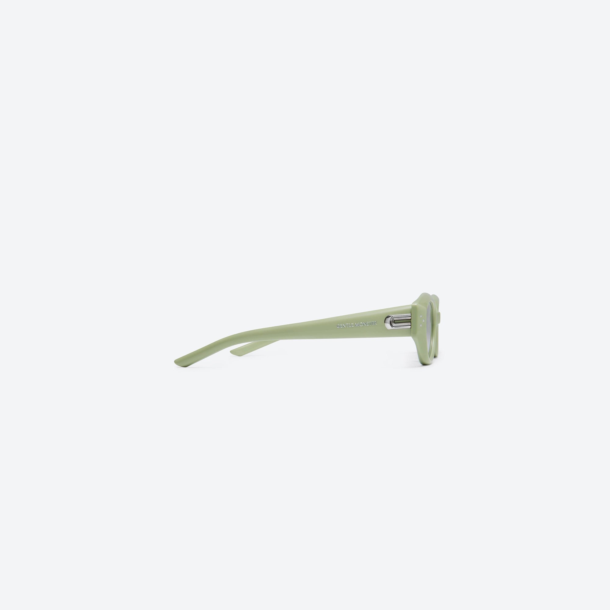 A detailed right view of Gentle Monster Dada GR8 Green Acetate framed Oval sunglasses.