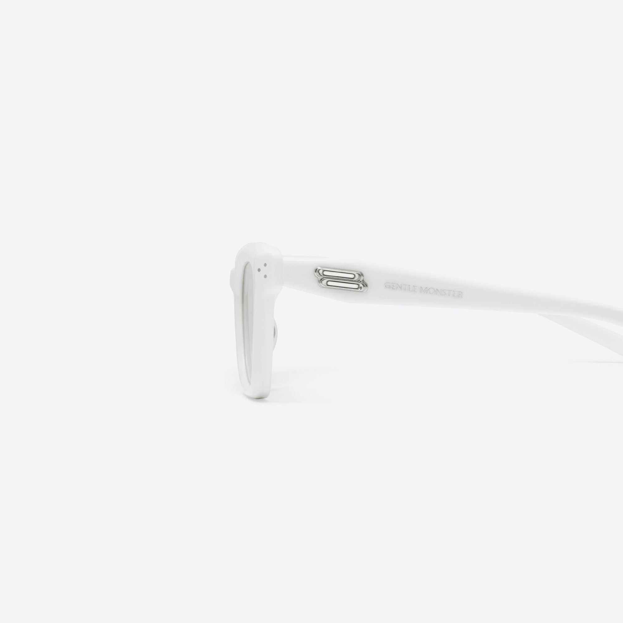 A detailed left view of Gentle Monster Hovo W2 White Acetate framed Square sunglasses.