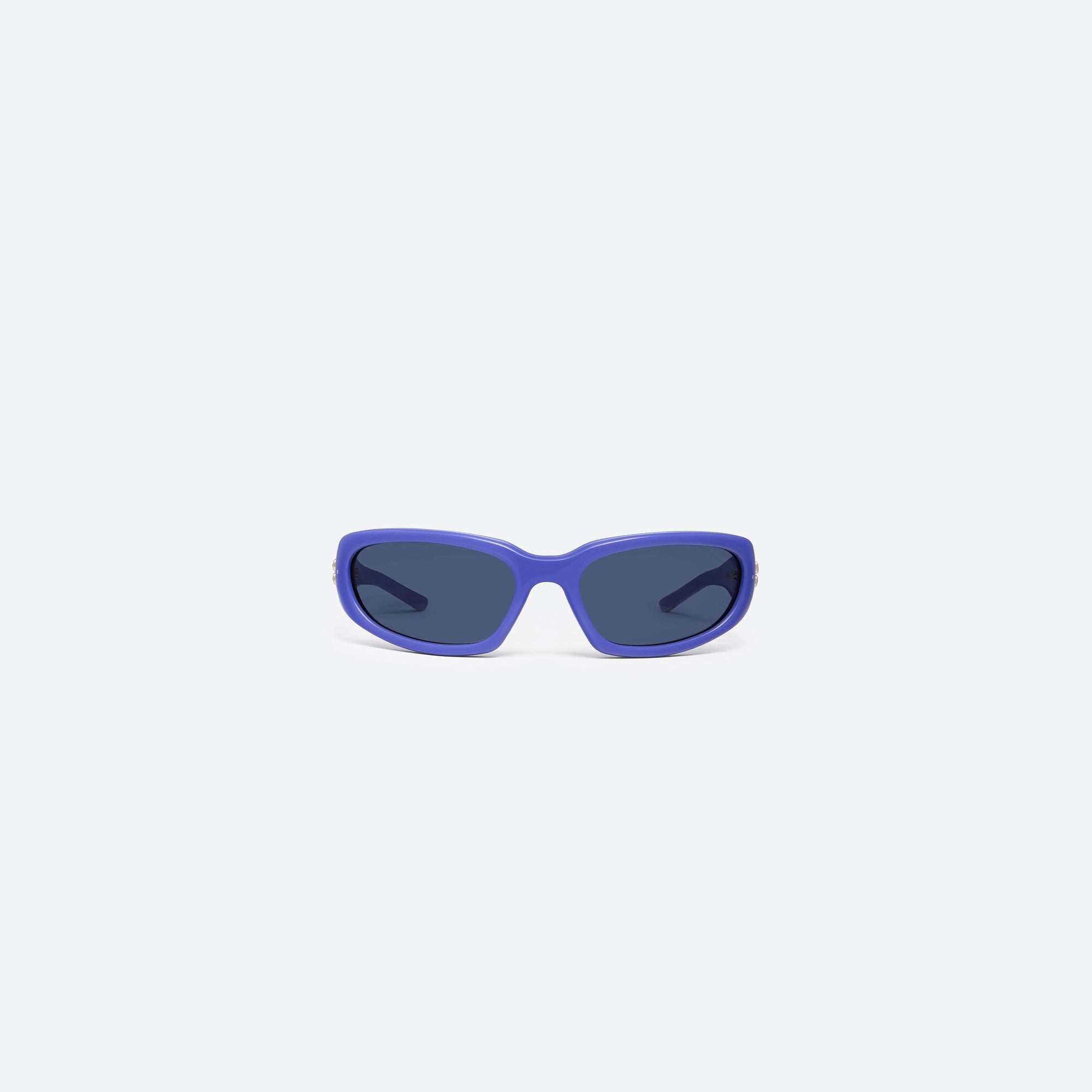A front view of Gentle Monster Memento V3 Purple Mixed framed Wraparound sunglasses.