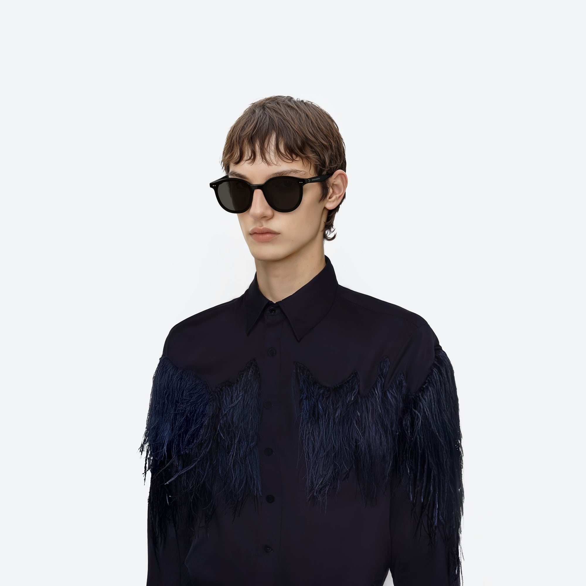 Model wearing the New Born 01 Black Acetate framed Round sunglasses.
