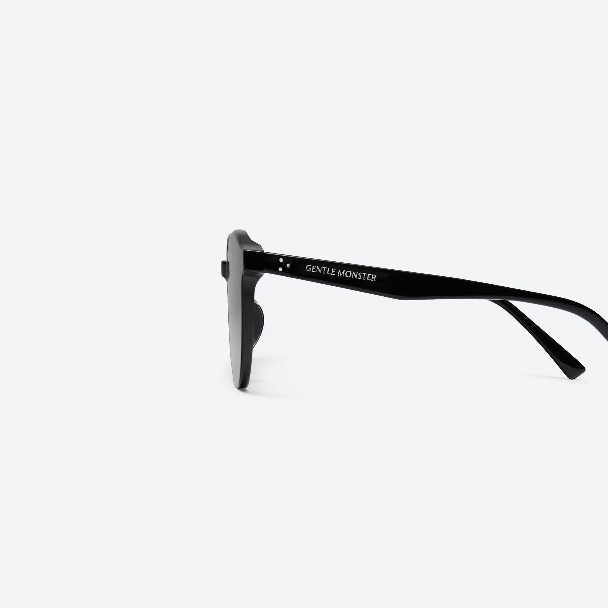 A detailed left view of Gentle Monster New Born 01 Black Acetate framed Round sunglasses.