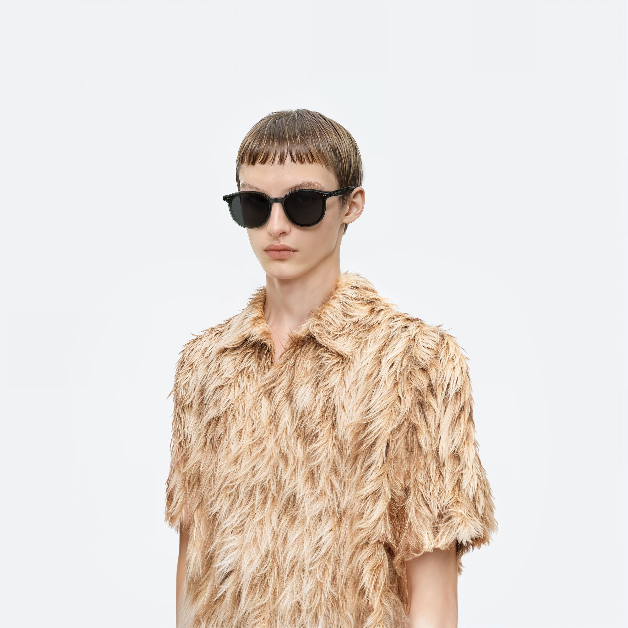 Model wearing the New Born G3 Gray Acetate framed Round sunglasses.
