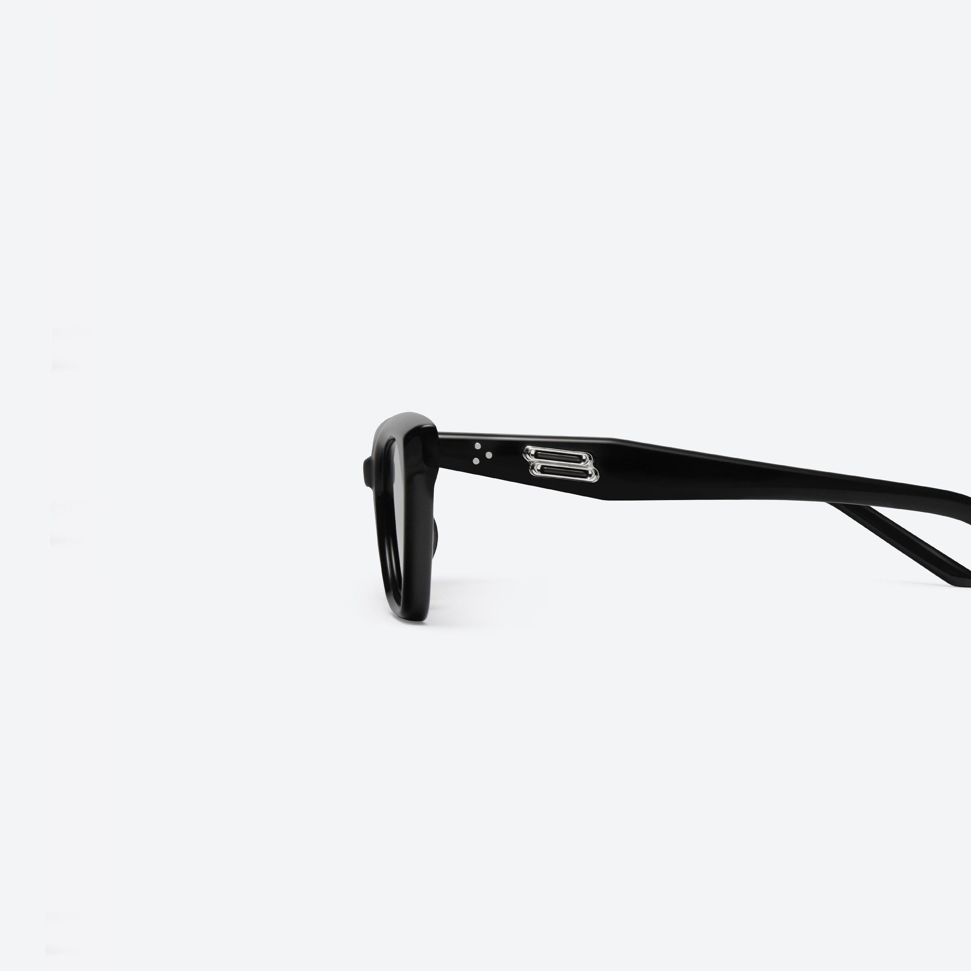 A detailed left view of Gentle Monster Nonn 01 Black Acetate framed Cat-eye sunglasses.