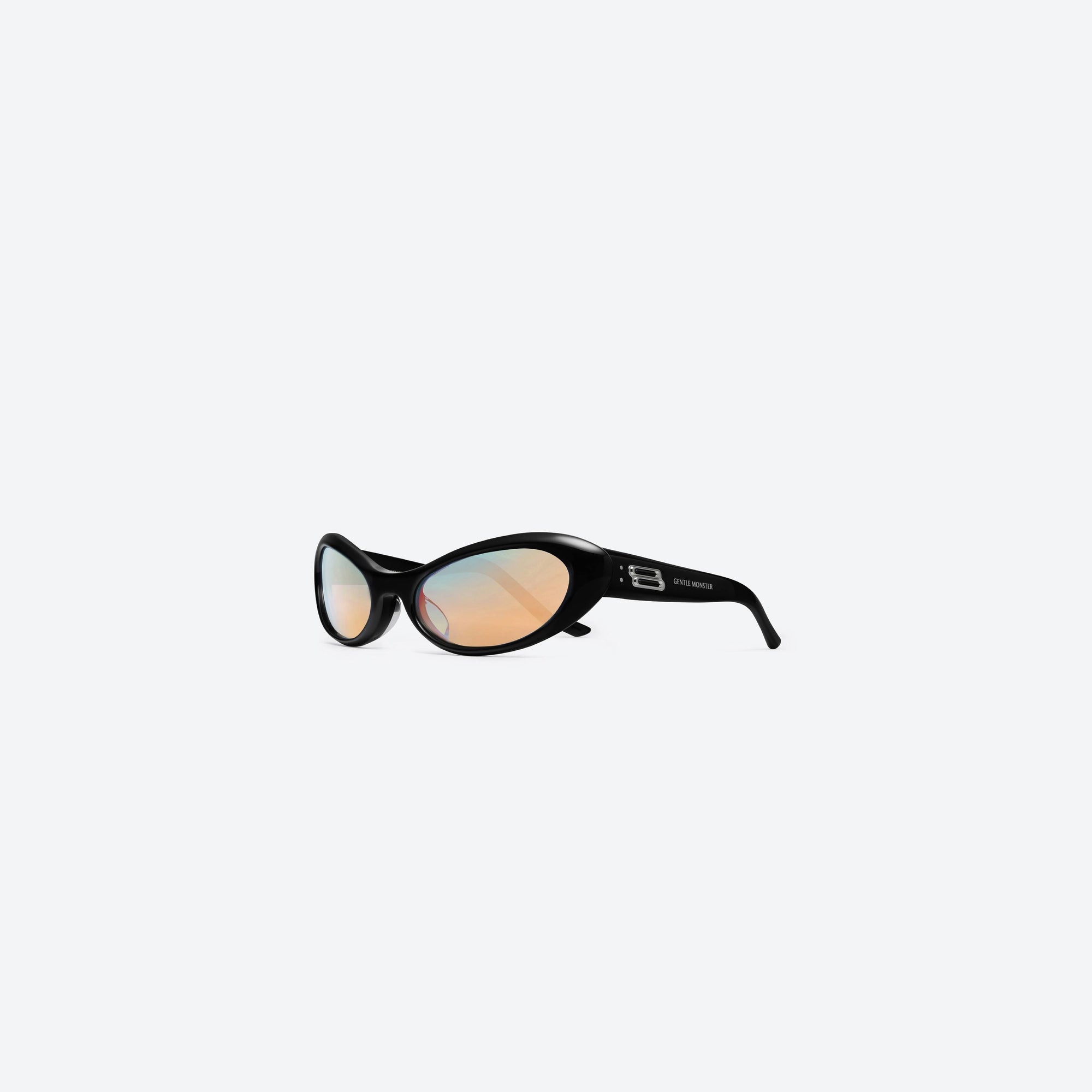 45-degree view of Gentle Monster Nova 01(BM) Black Acetate framed Wraparound sunglasses.