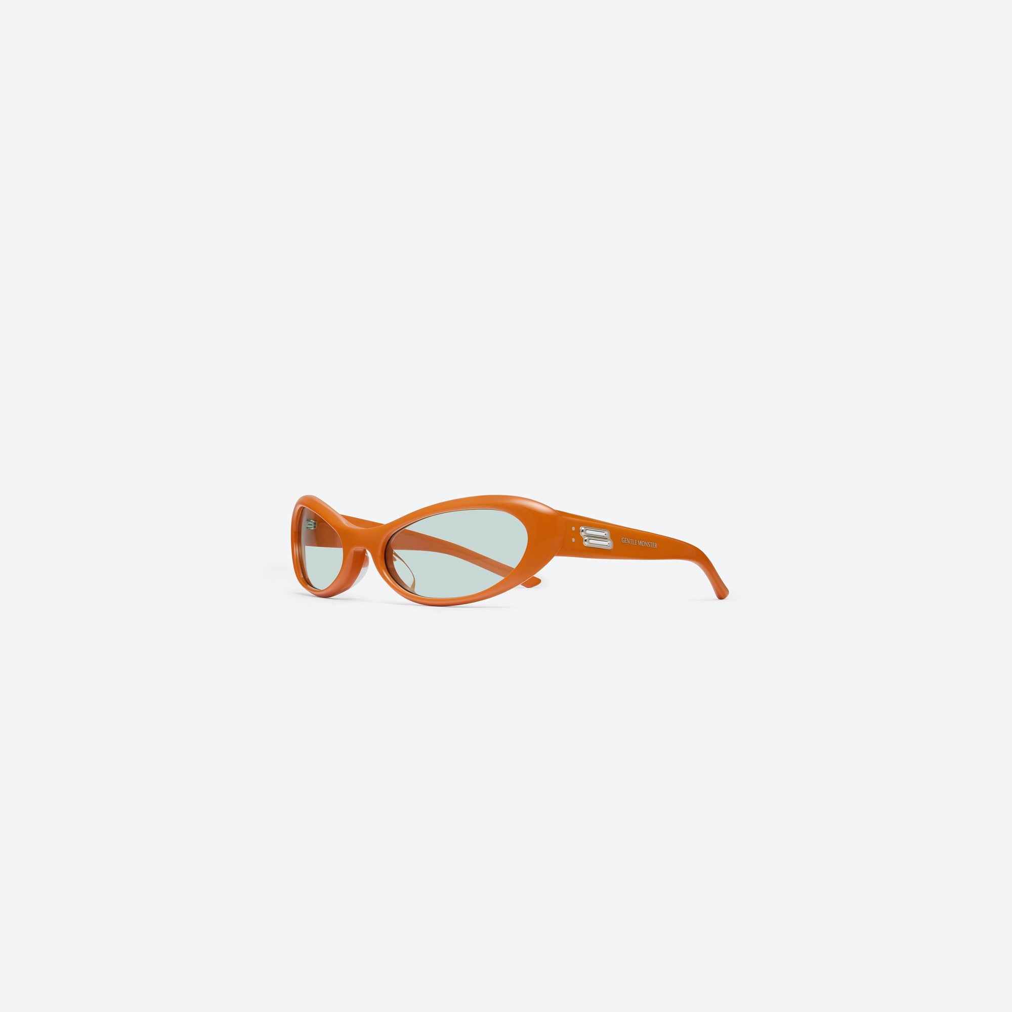 45-degree view of Gentle Monster Nova OR3 Orange Acetate framed Wraparound sunglasses.