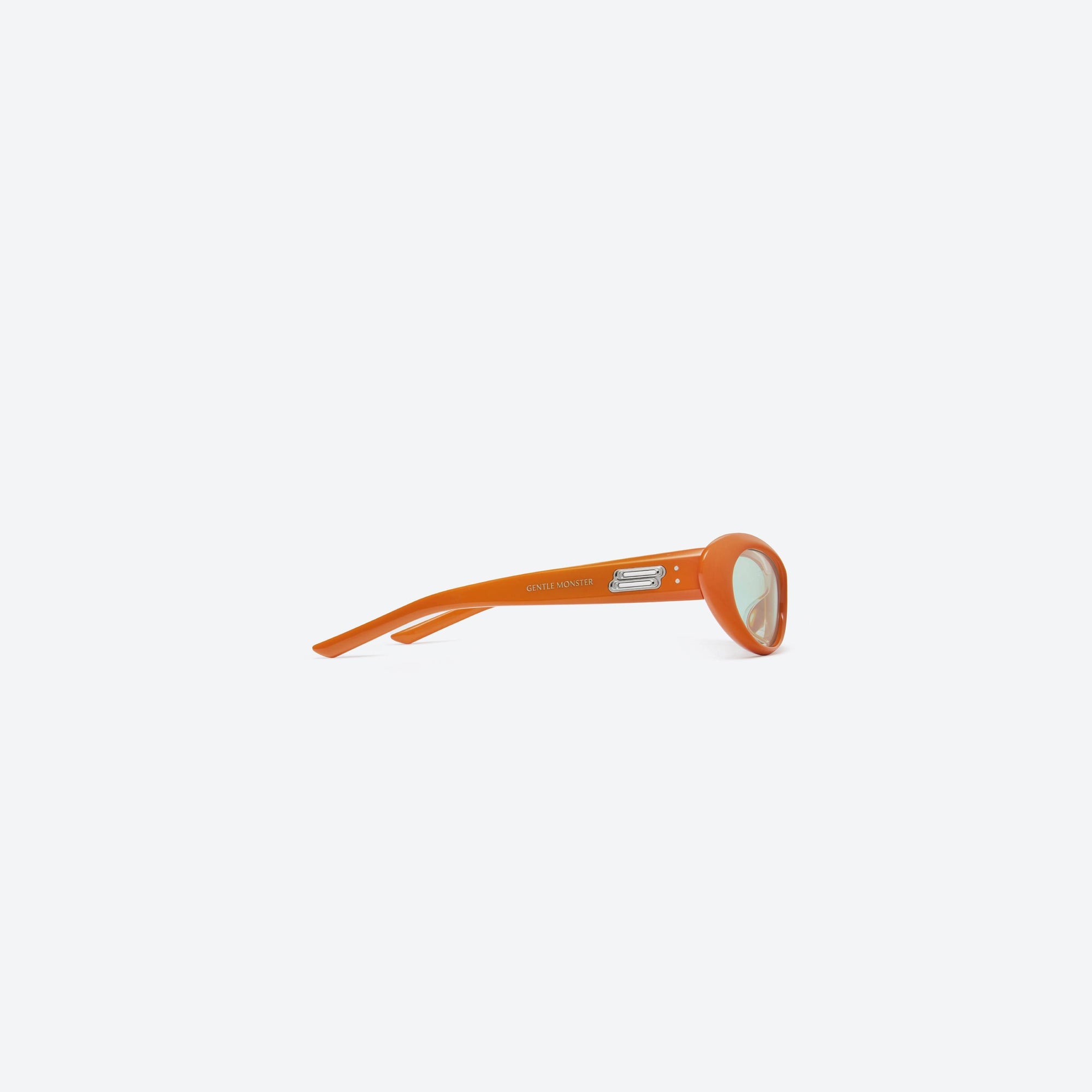 A detailed right view of Gentle Monster Nova OR3 Orange Acetate framed Wraparound sunglasses.