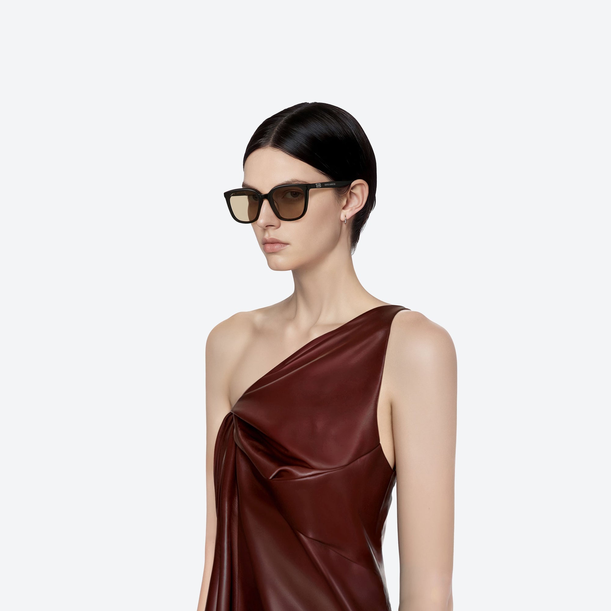Model wearing the Pino 01(BR) Black Acetate framed Square sunglasses.