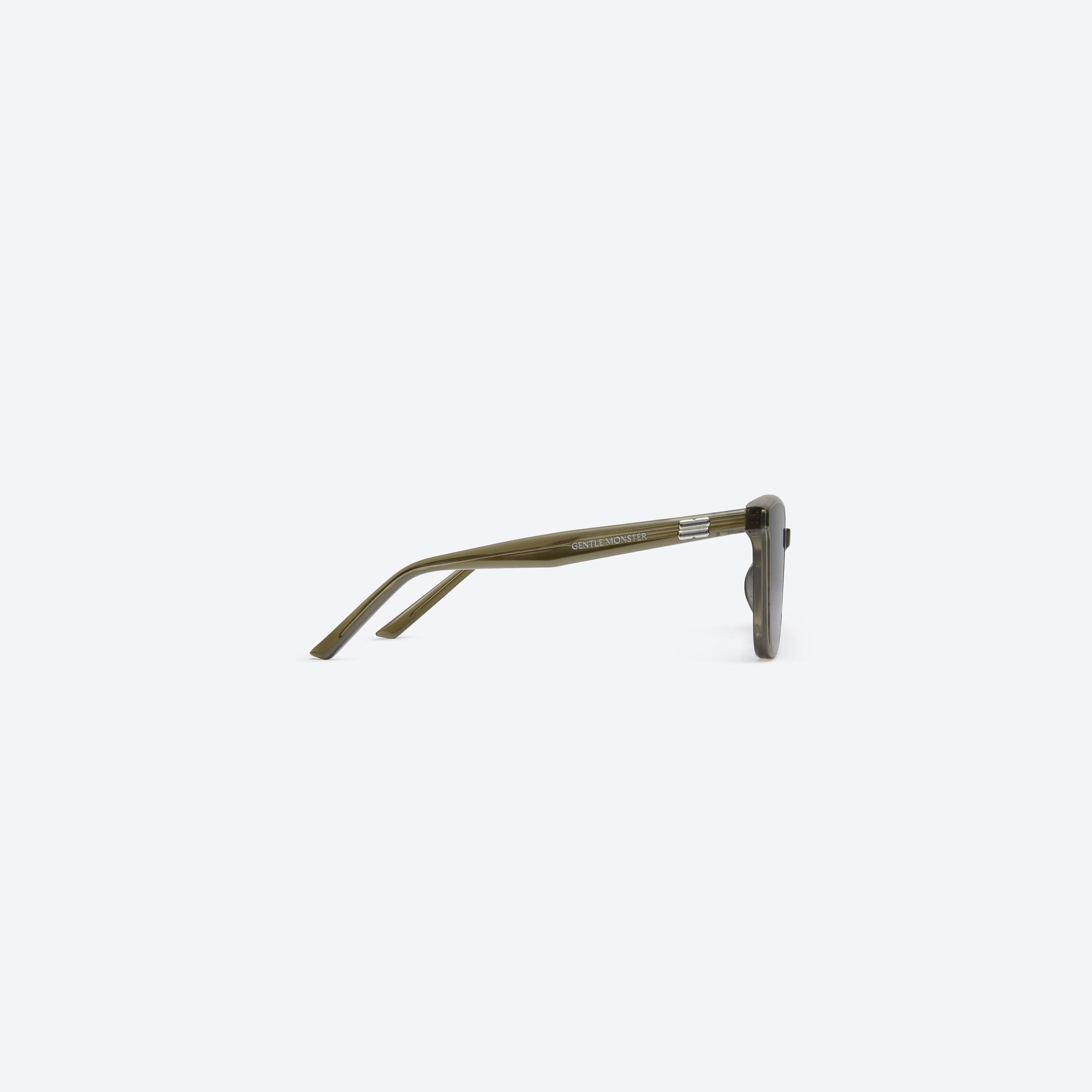 A detailed right view of Gentle Monster Pino KC1 Green Acetate framed Square sunglasses.