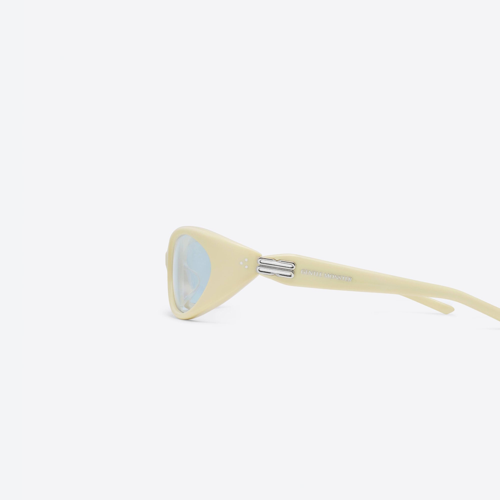 A detailed left view of Gentle Monster Atempo Y5 Yellow Acetate framed Wraparound sunglasses.